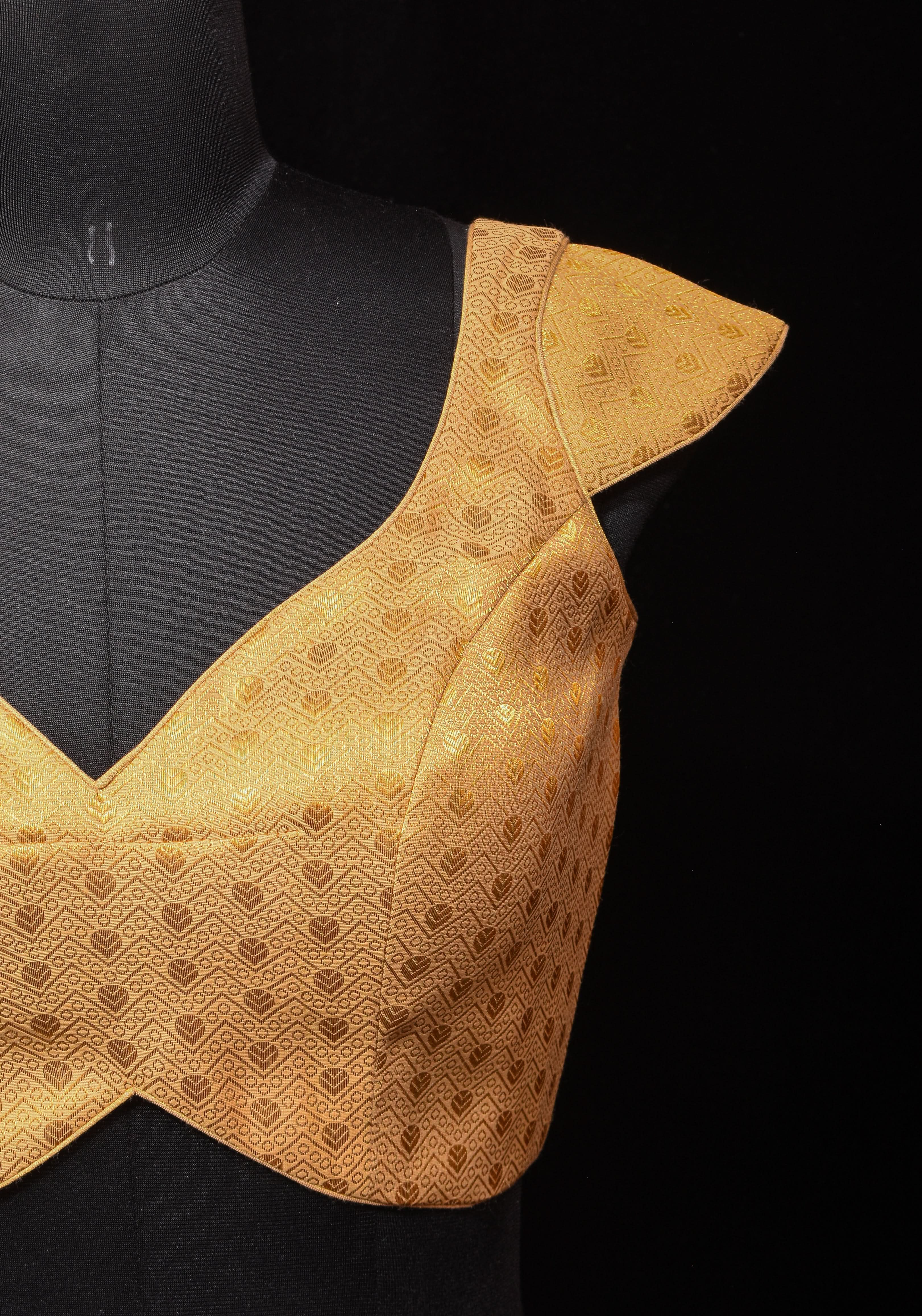 Golden Brocade blouse with Cap Sleeve and Leaf Neck, Customizable, Made To Order | Shobitam