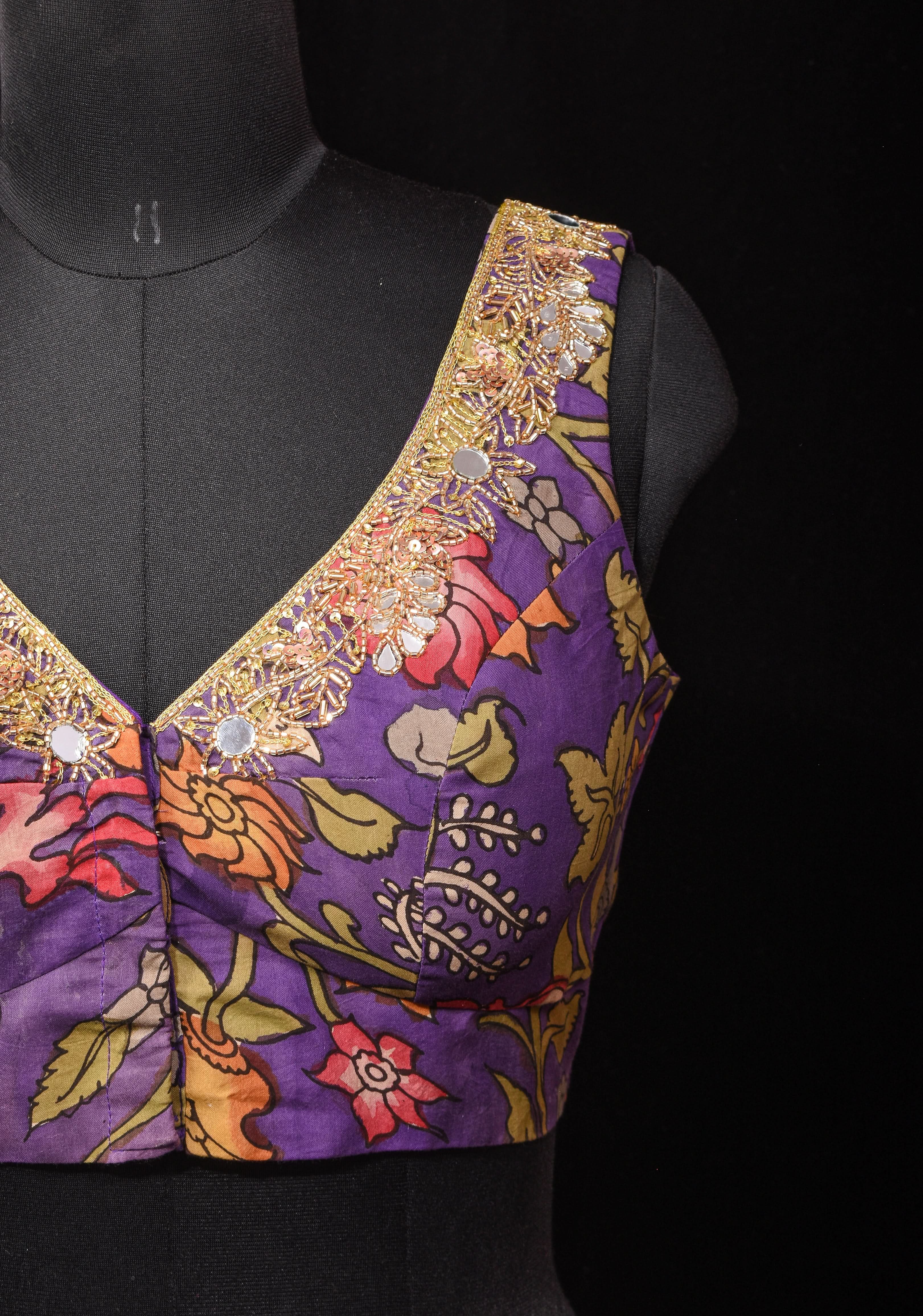 Purple Pure Pen Kalamkari Sleeveless Blouse with Mirror and Cutdana handworked embellishments, customizable, made-to-order | Shobitam
