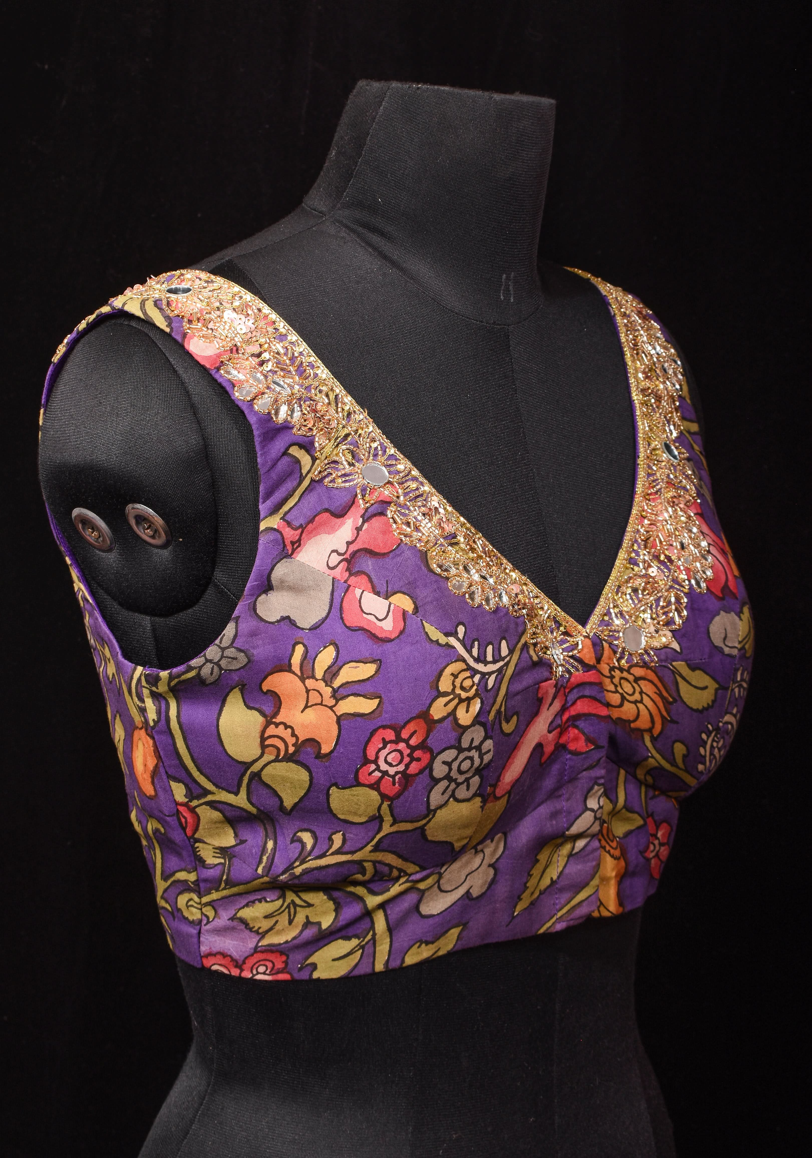 Purple Pure Pen Kalamkari Sleeveless Blouse with Mirror and Cutdana handworked embellishments, customizable, made-to-order | Shobitam