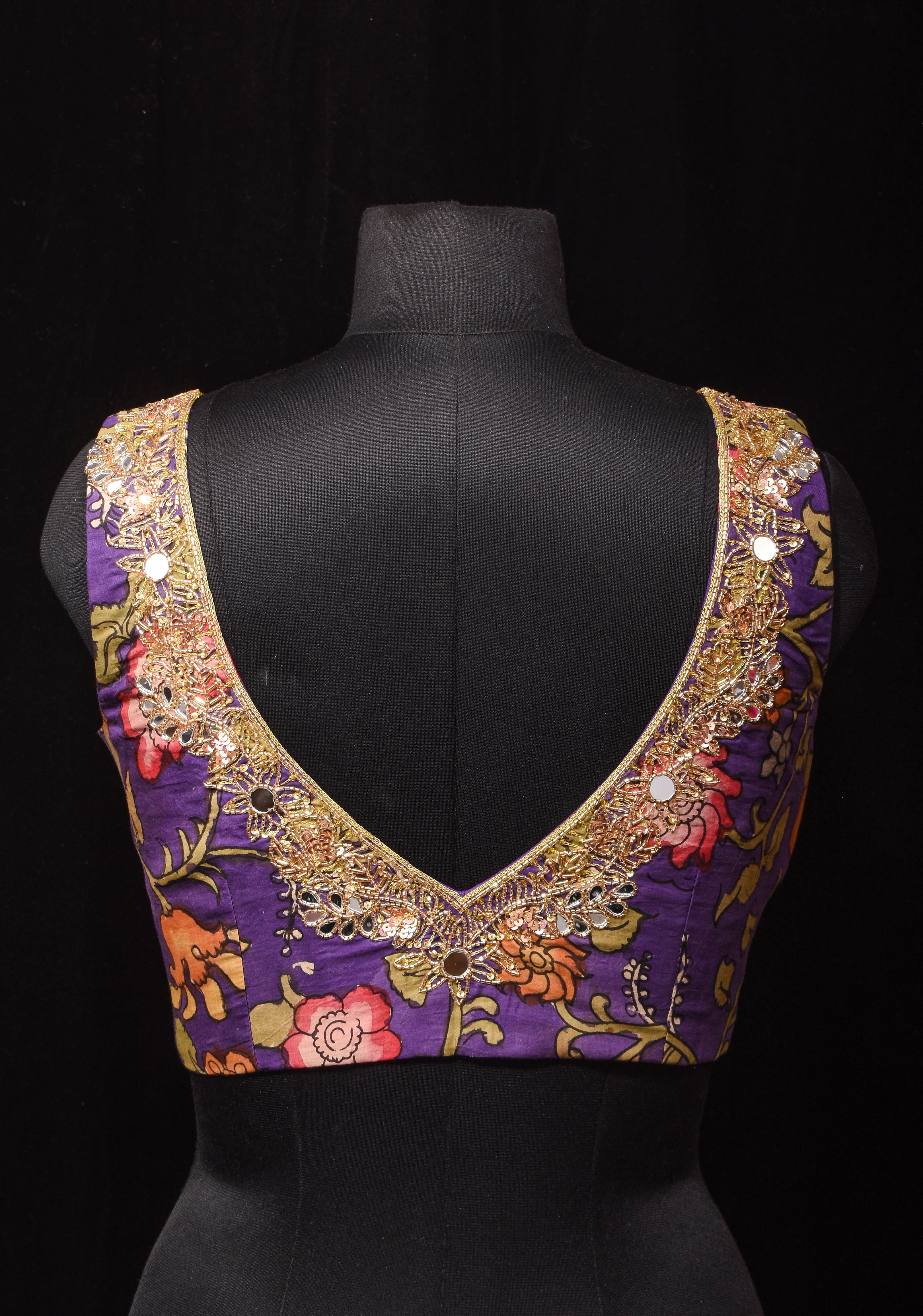 Purple Pure Pen Kalamkari Sleeveless Blouse with Mirror and Cutdana handworked embellishments, customizable, made-to-order | Shobitam