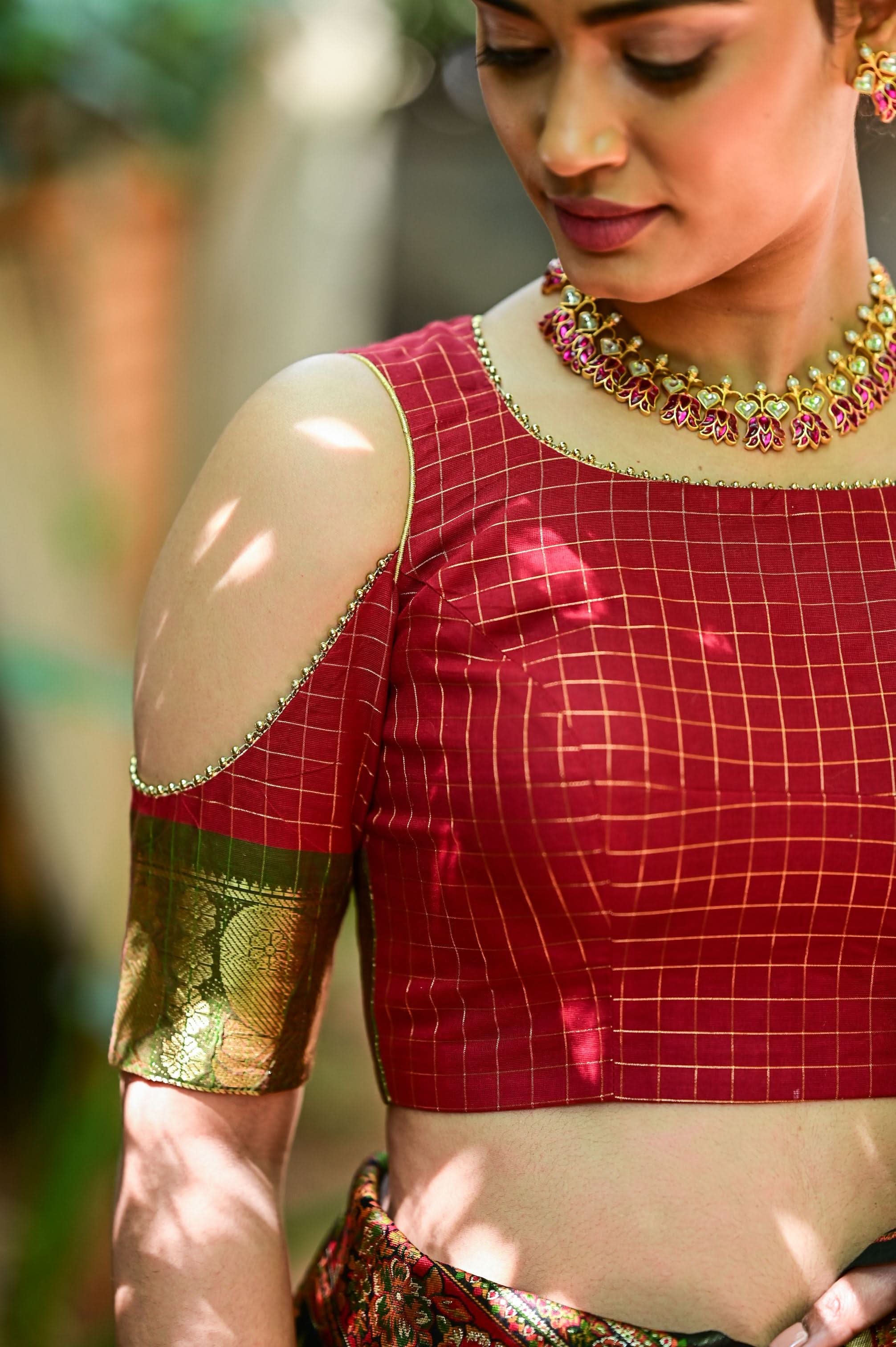 Red checked chettinadu cotton closed U neck with cold shoulder sleeves | Shobitam