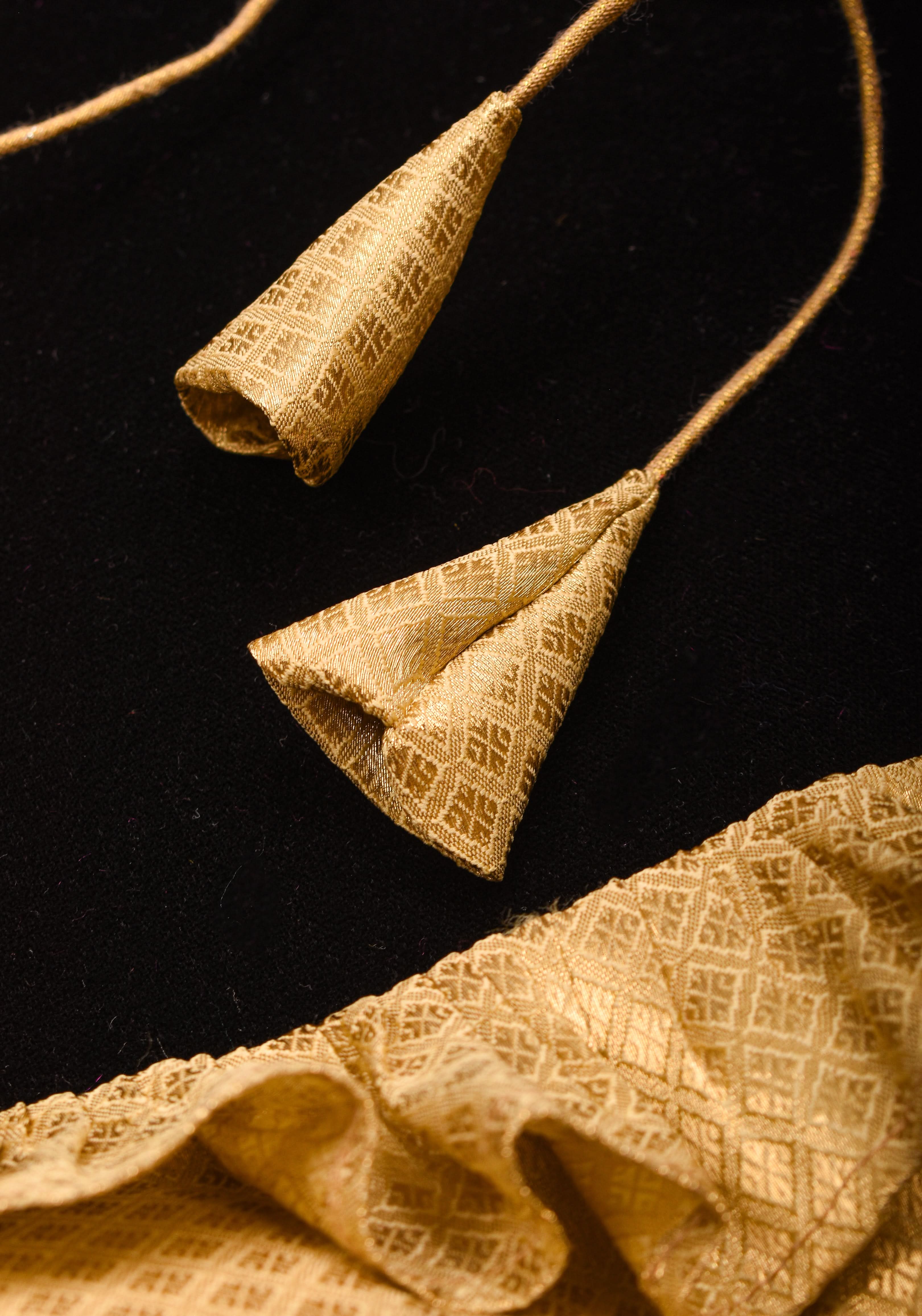 Gold Blouse with Scoop Neck frill detailing and puff sleeves , Made to Order | Shobitam