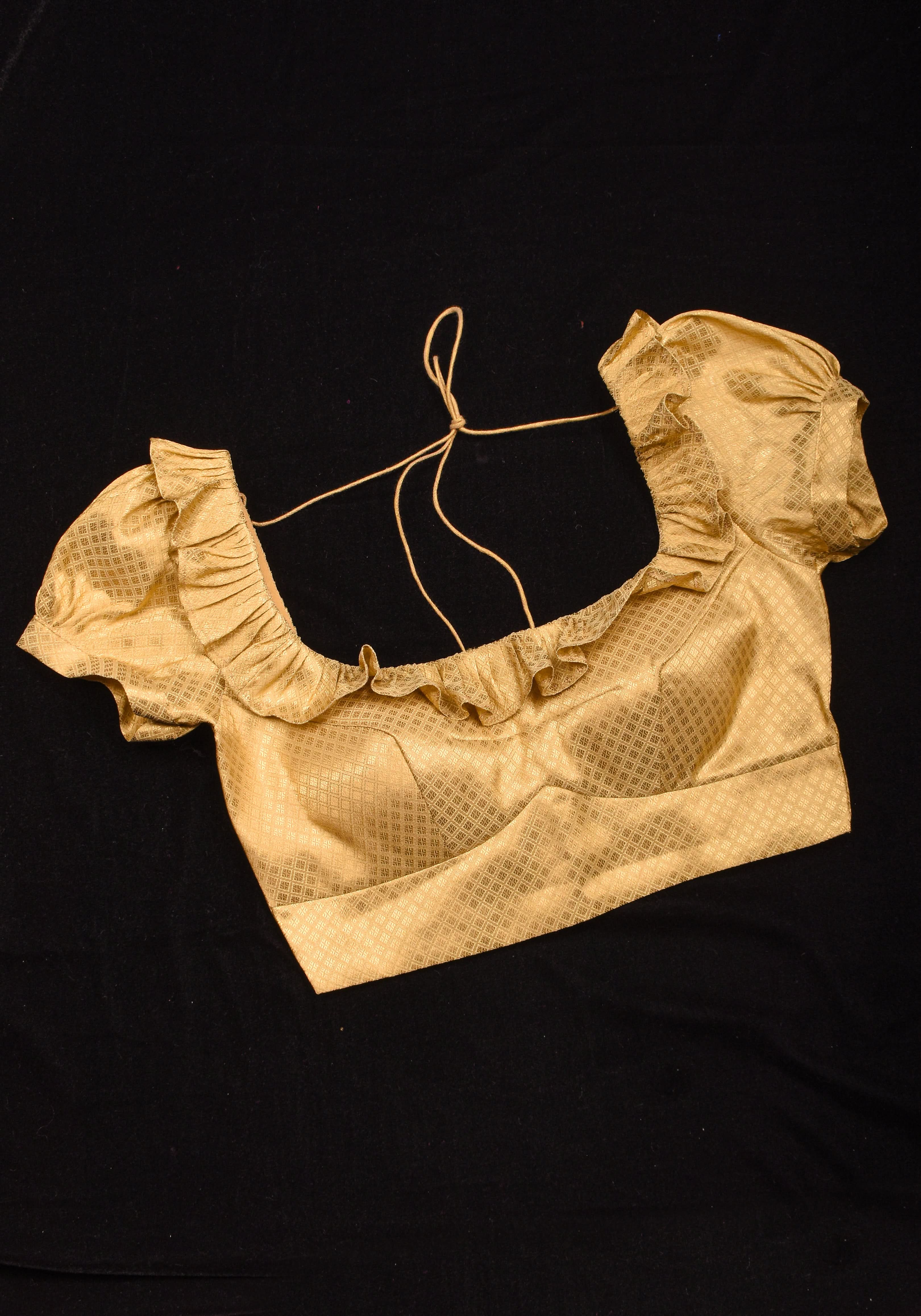 Gold Blouse with Scoop Neck frill detailing and puff sleeves , Made to Order | Shobitam