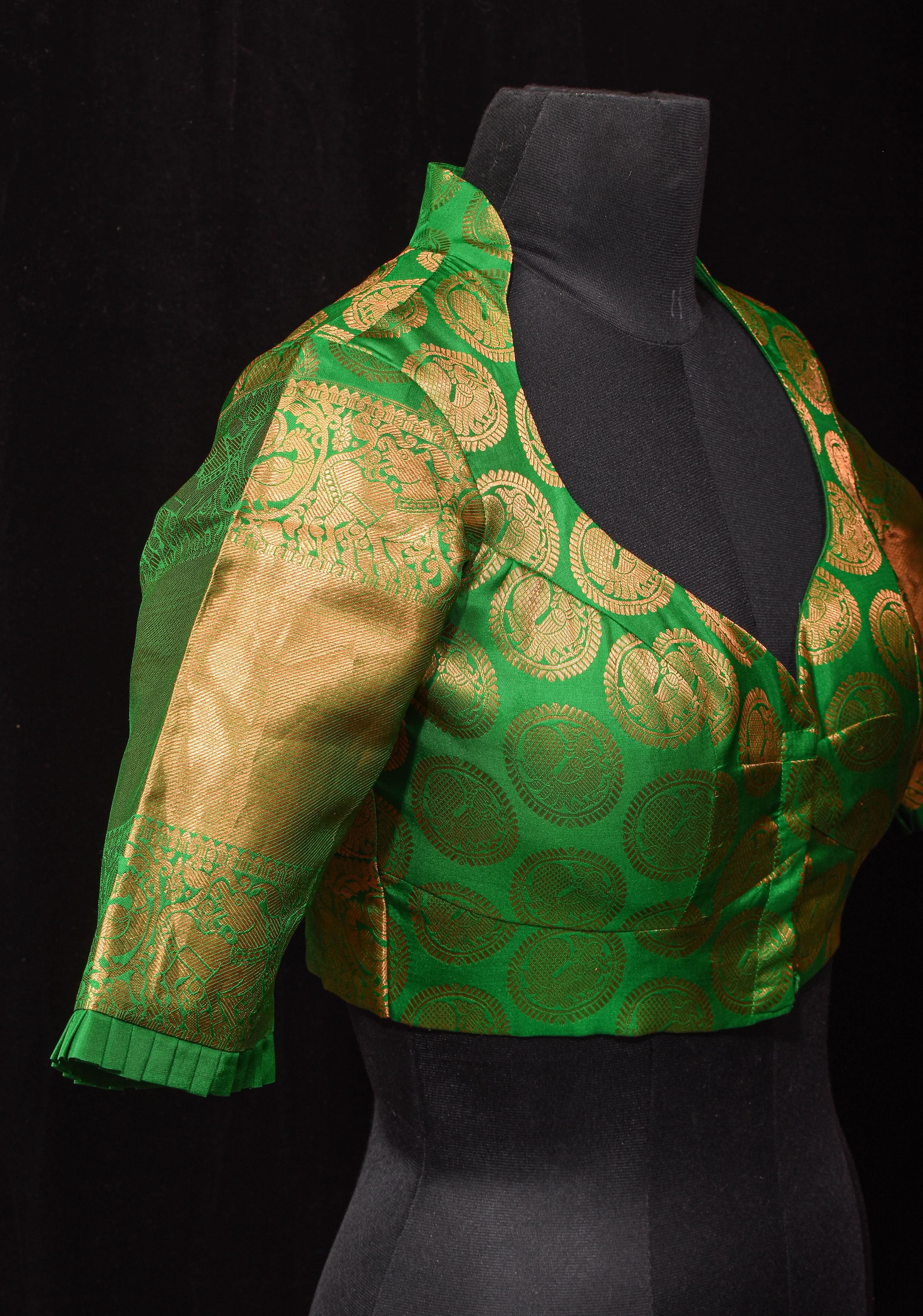 Leaf Green Pure Silk Kanjivaram Brocade Blouse with rising sun cutout and Potli Button detailing,  Made to Order, Customization | Shobitam
