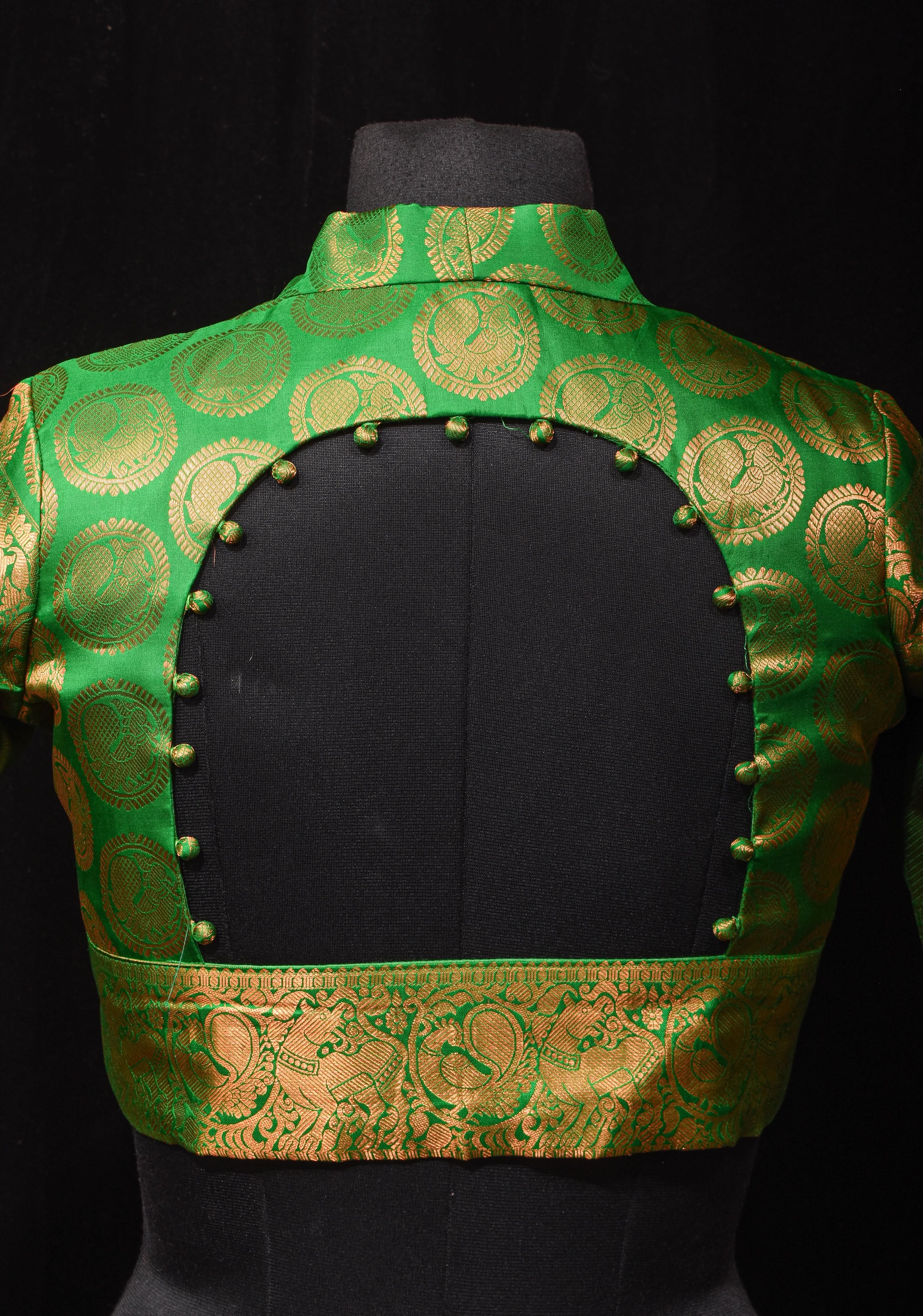 Leaf Green Pure Silk Kanjivaram Brocade Blouse with rising sun cutout and Potli Button detailing,  Made to Order, Customization | Shobitam
