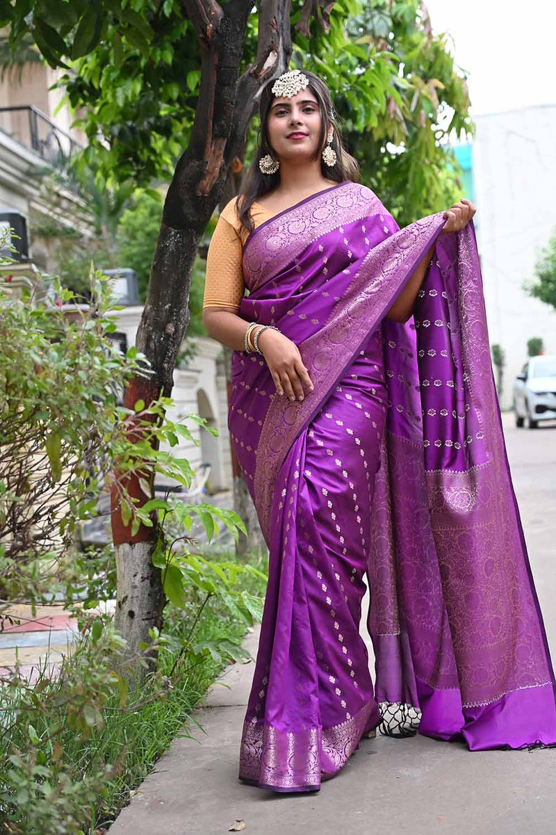 Ready To Wear Royal Purple Banarasi zari woven Wrap in 1 minute saree - Isadora Life