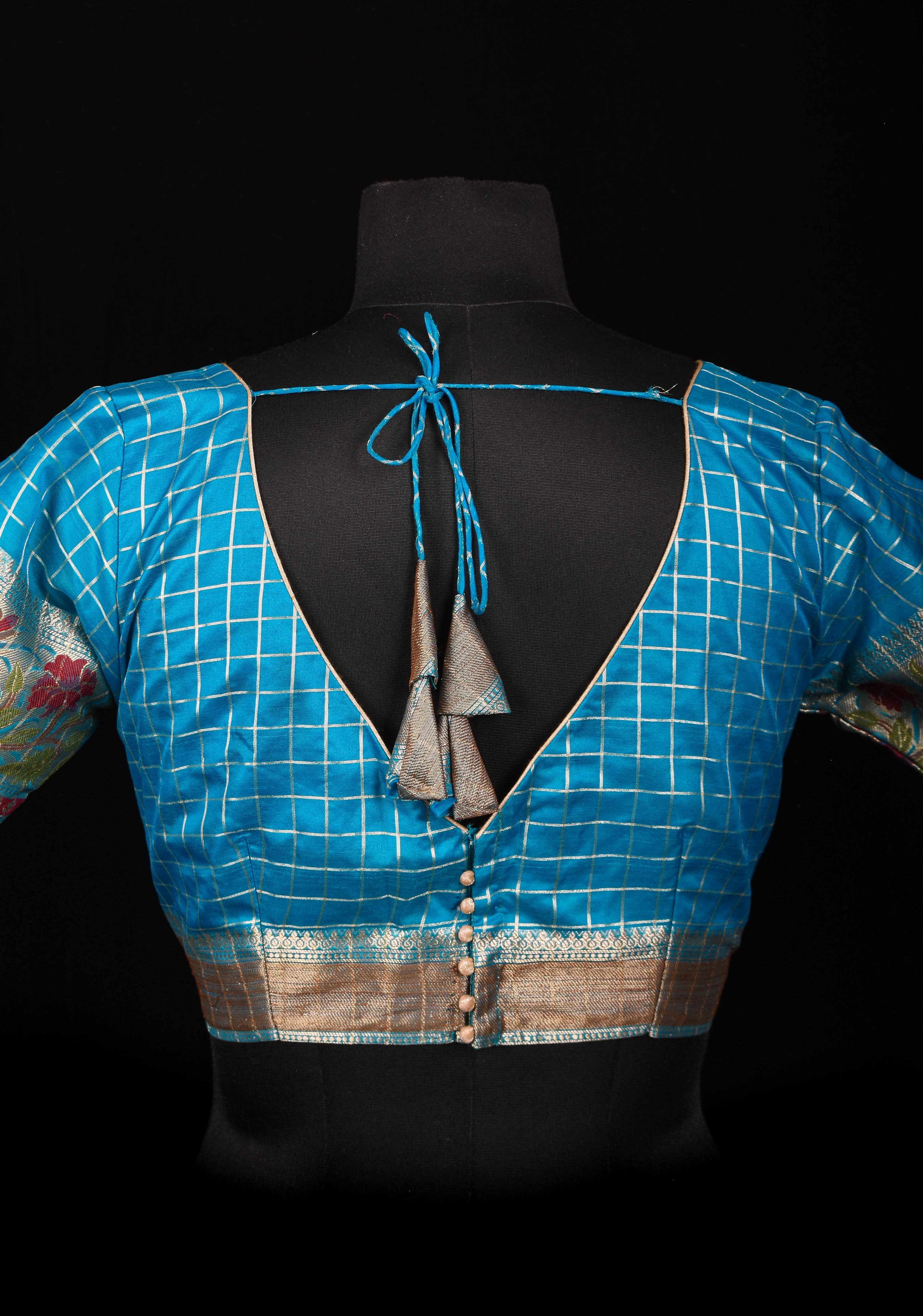 Size 38: Blue Zari Checks Cotton Blouse with meenakari zari border Sleeve | Shobitam