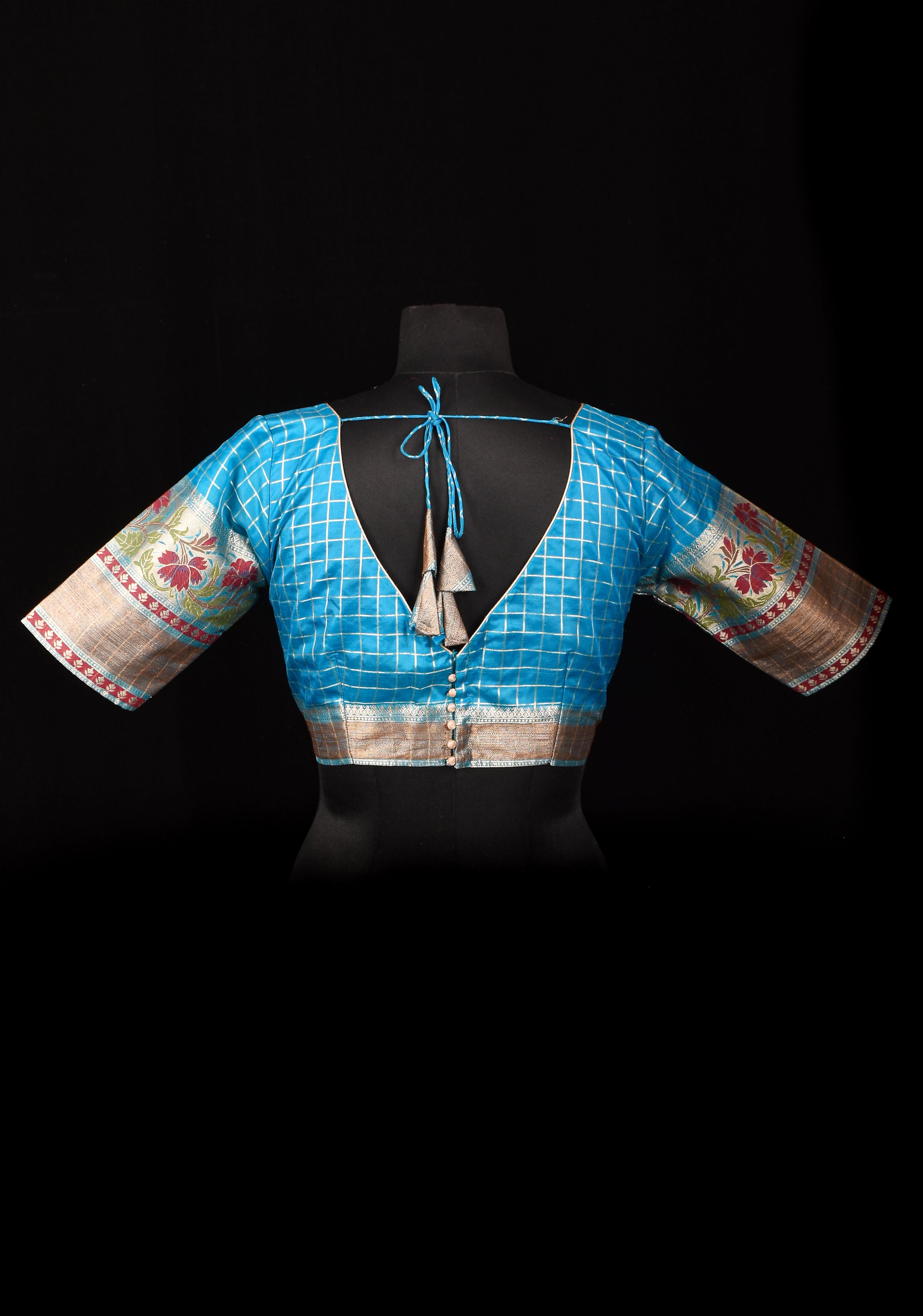 Size 38: Blue Zari Checks Cotton Blouse with meenakari zari border Sleeve | Shobitam