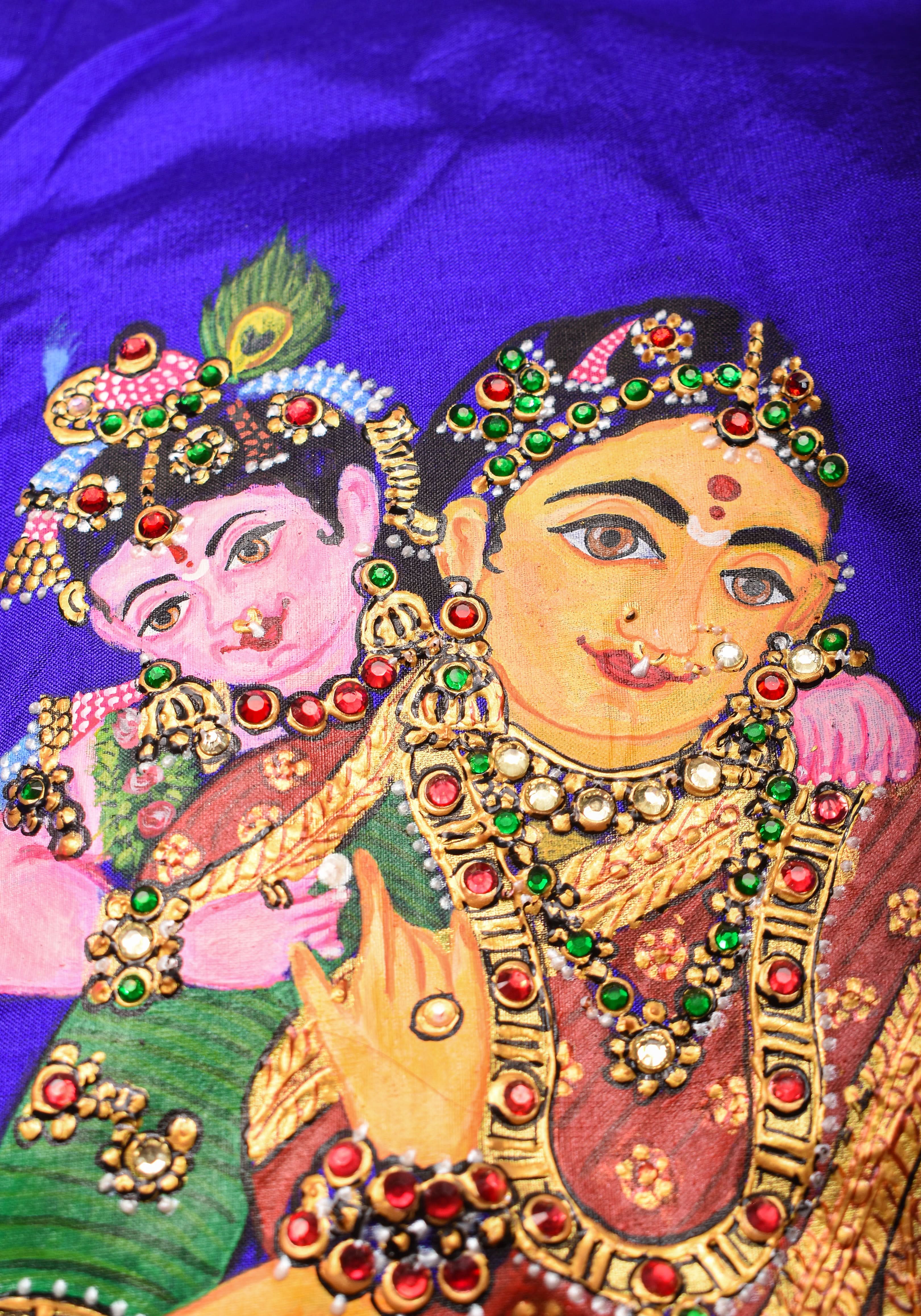 Baby Krishna and Yashodha - Tanjore Handpainting with hand embellished stones and 3d work on Pure silk Purple Blouse, Made to Order | Shobitam