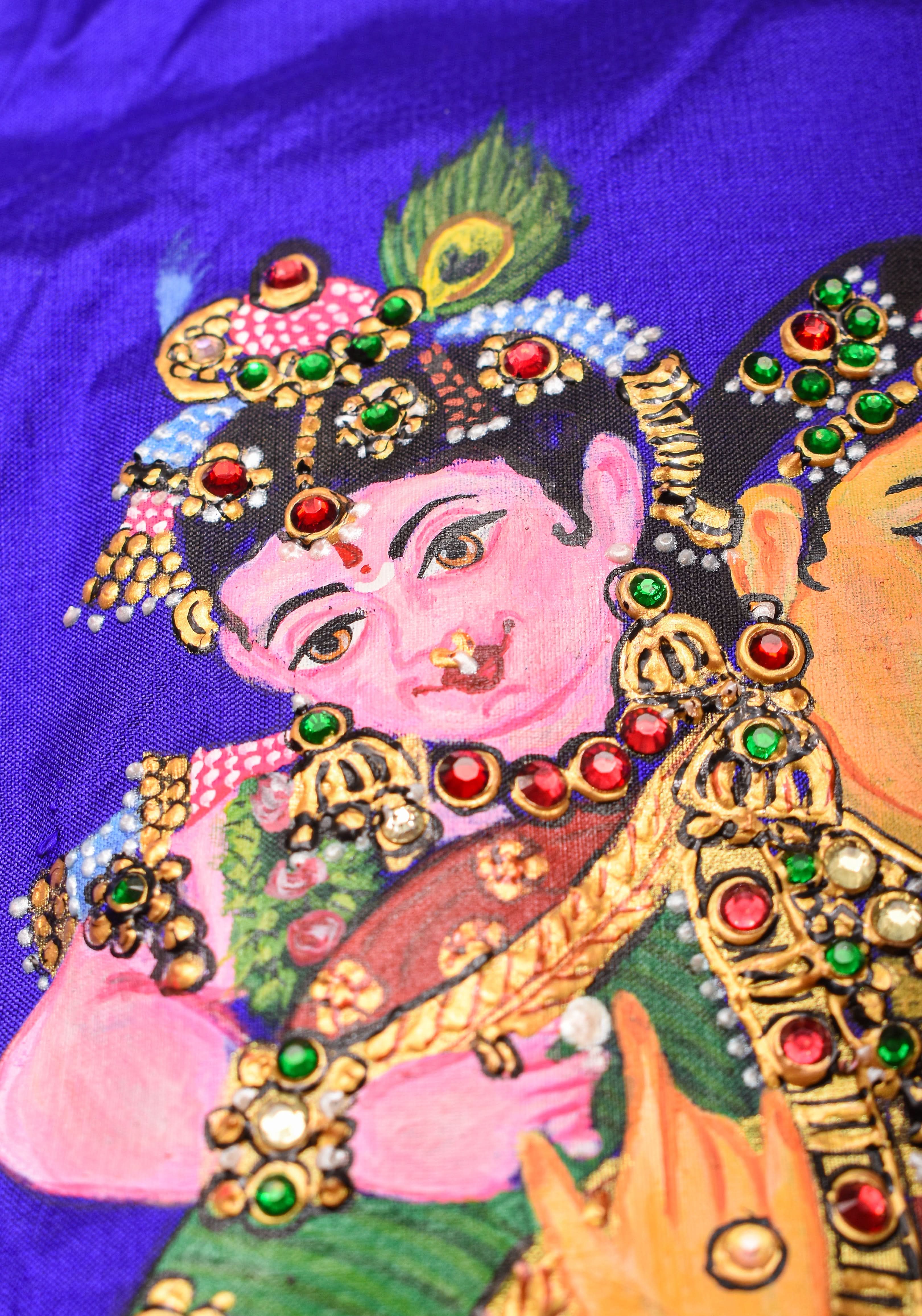 Baby Krishna and Yashodha - Tanjore Handpainting with hand embellished stones and 3d work on Pure silk Purple Blouse, Made to Order | Shobitam