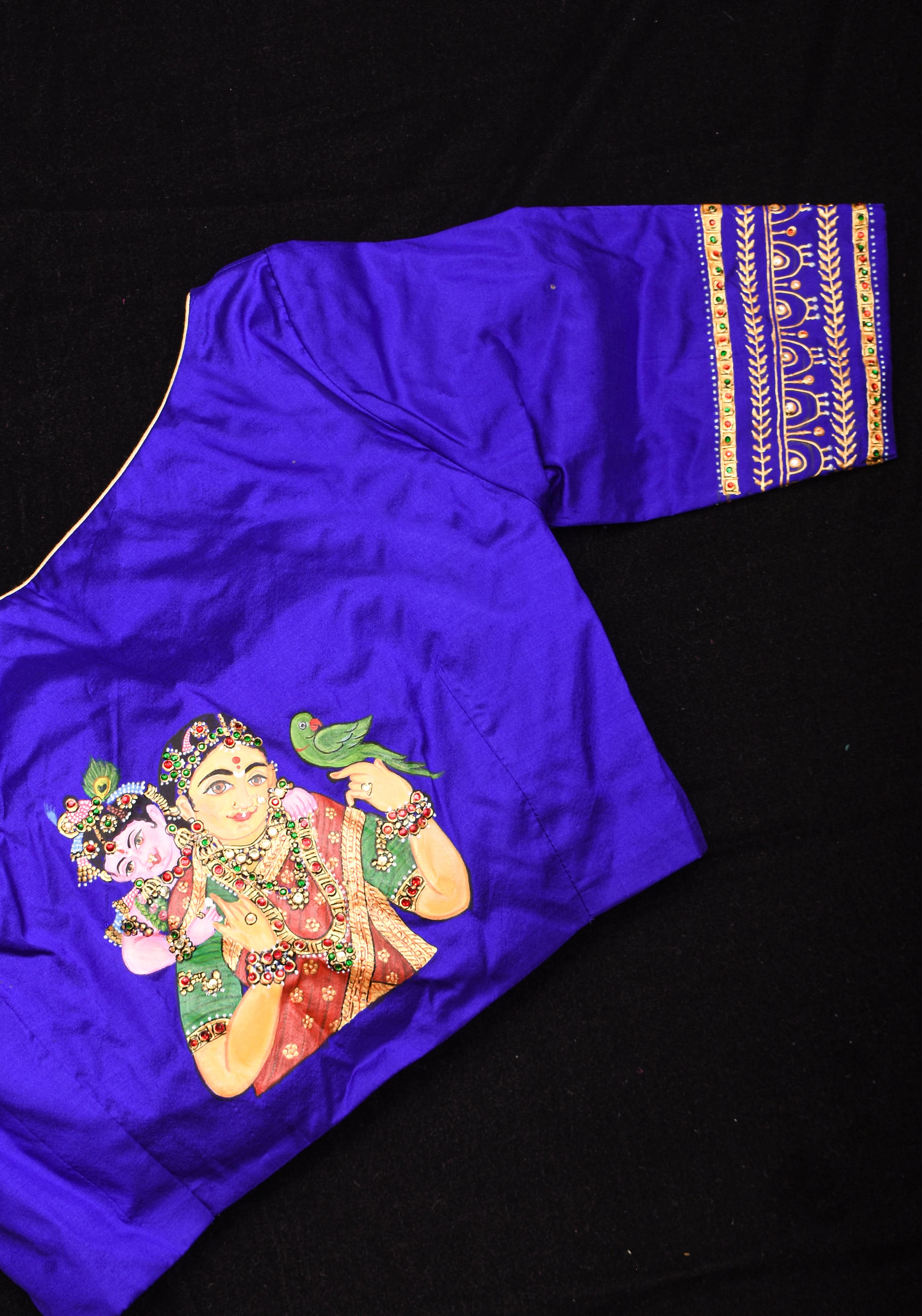 Baby Krishna and Yashodha - Tanjore Handpainting with hand embellished stones and 3d work on Pure silk Purple Blouse, Made to Order | Shobitam