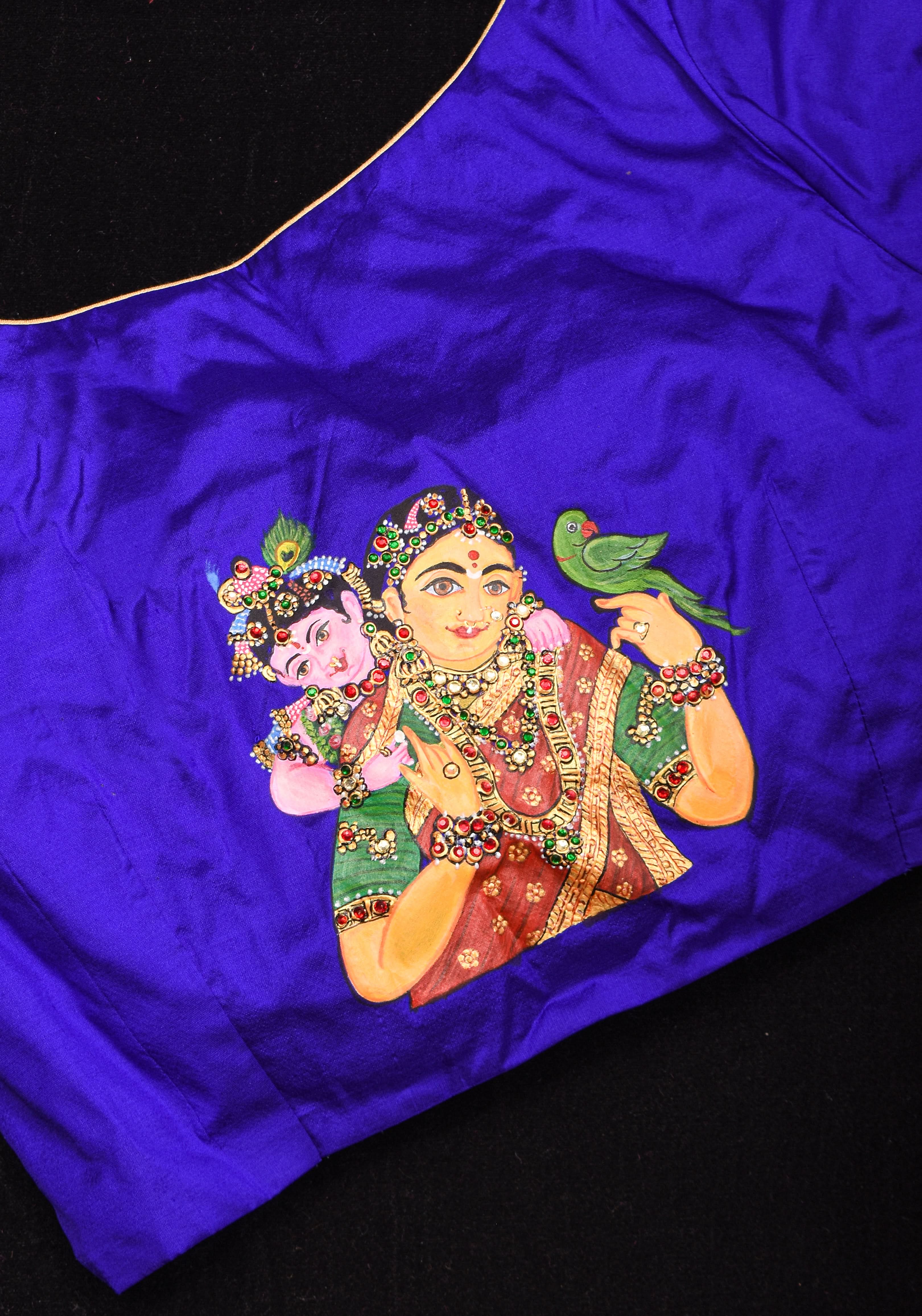 Baby Krishna and Yashodha - Tanjore Handpainting with hand embellished stones and 3d work on Pure silk Purple Blouse, Made to Order | Shobitam