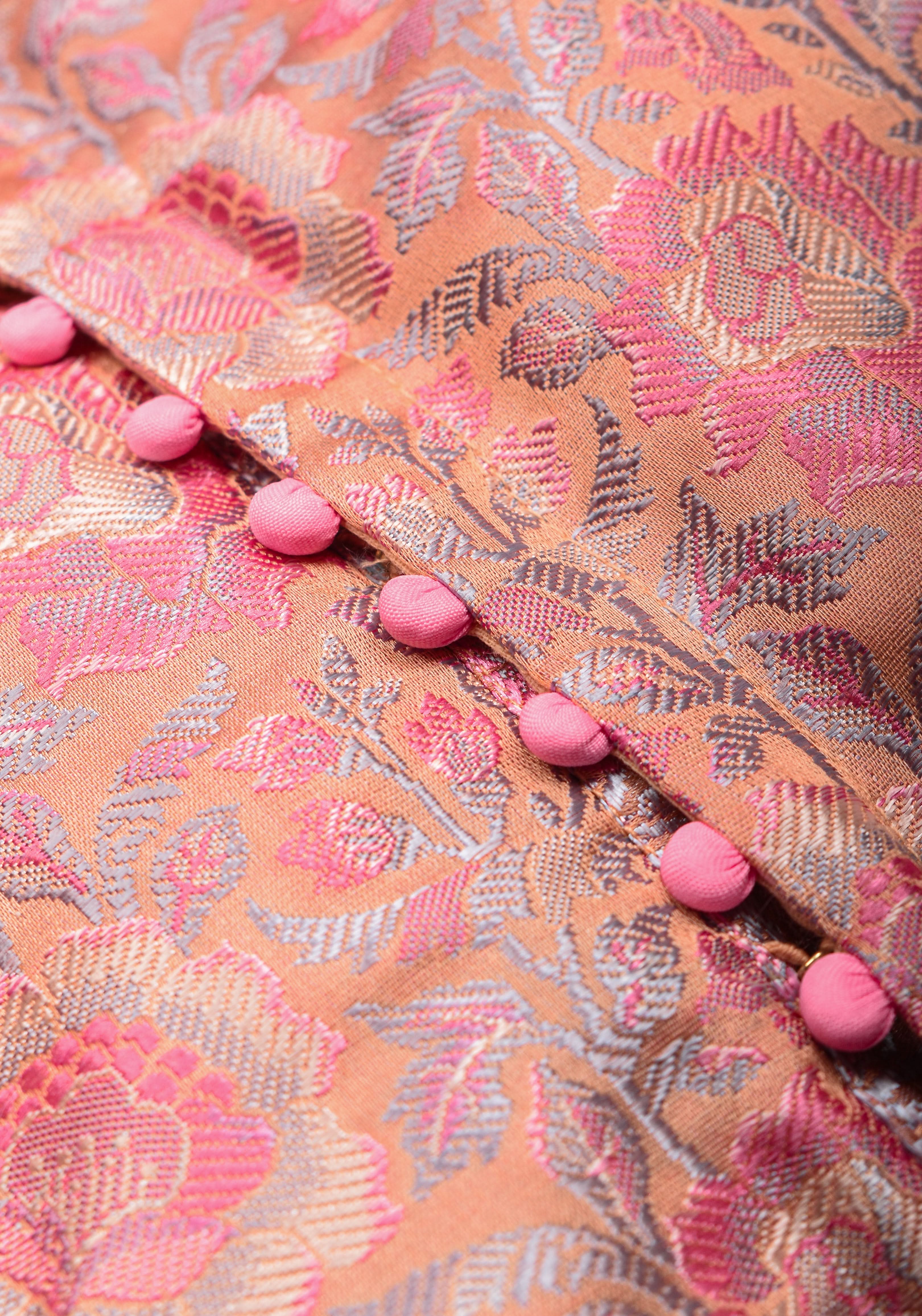 Pastel Pink Banarasi Tanchoi Floral Weave Blouse with Jewel neck and Potli Button detailing , Made to Order | Shobitam