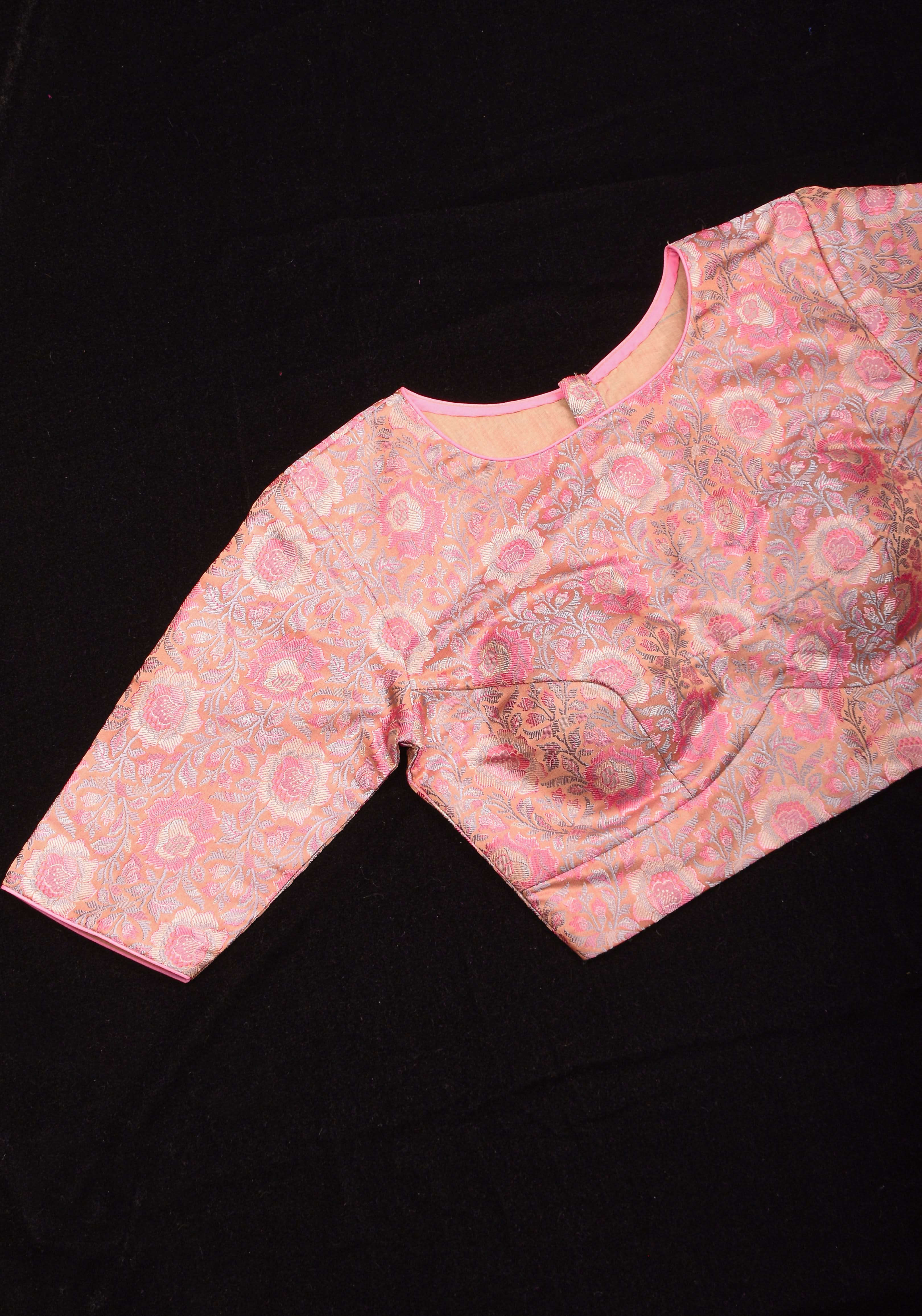 Pastel Pink Banarasi Tanchoi Floral Weave Blouse with Jewel neck and Potli Button detailing , Made to Order | Shobitam