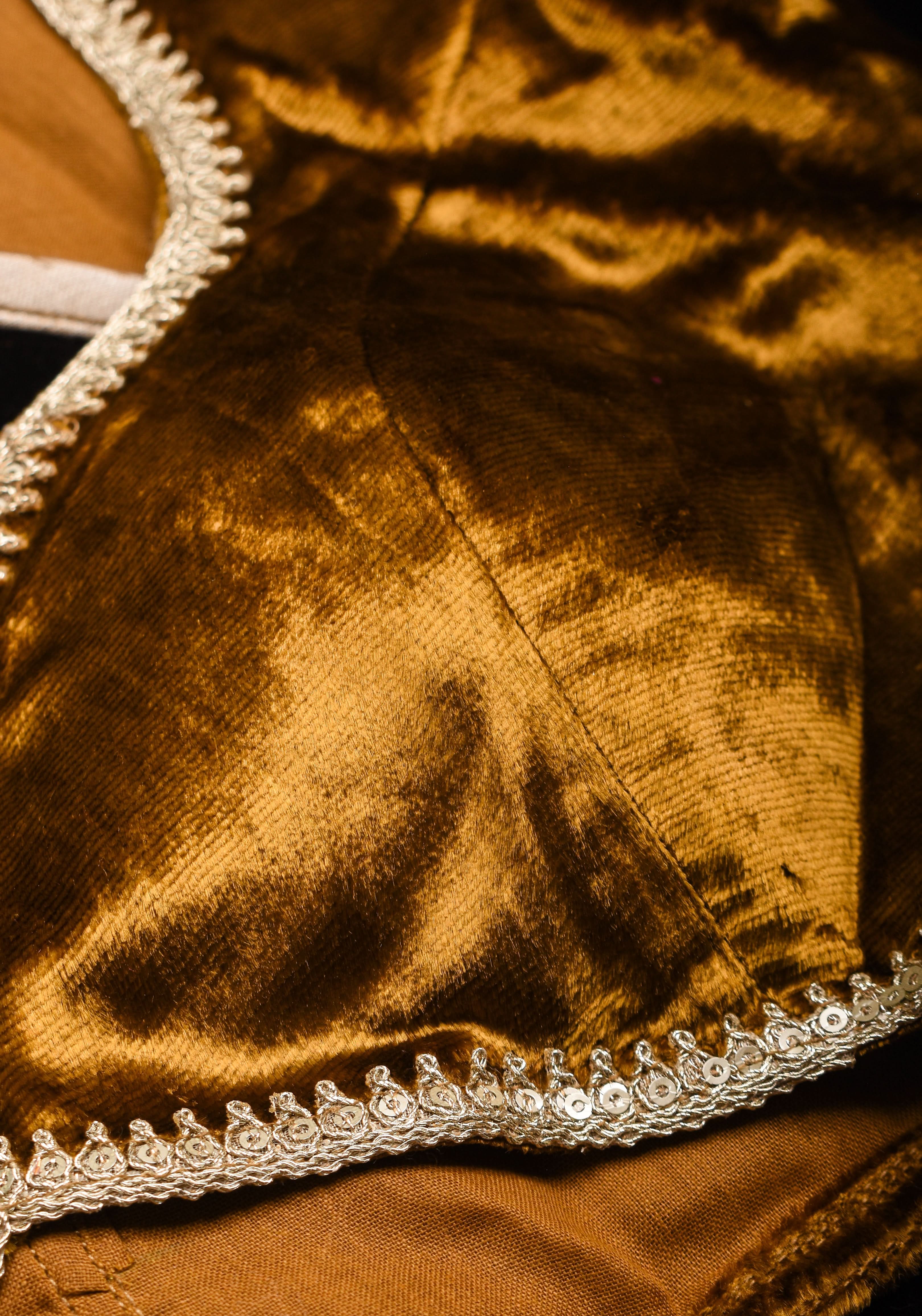 Exquisite Amber Brown Velvet Blouse with Deep Sweet Heart Neck and Tie up Detailing | Shobitam