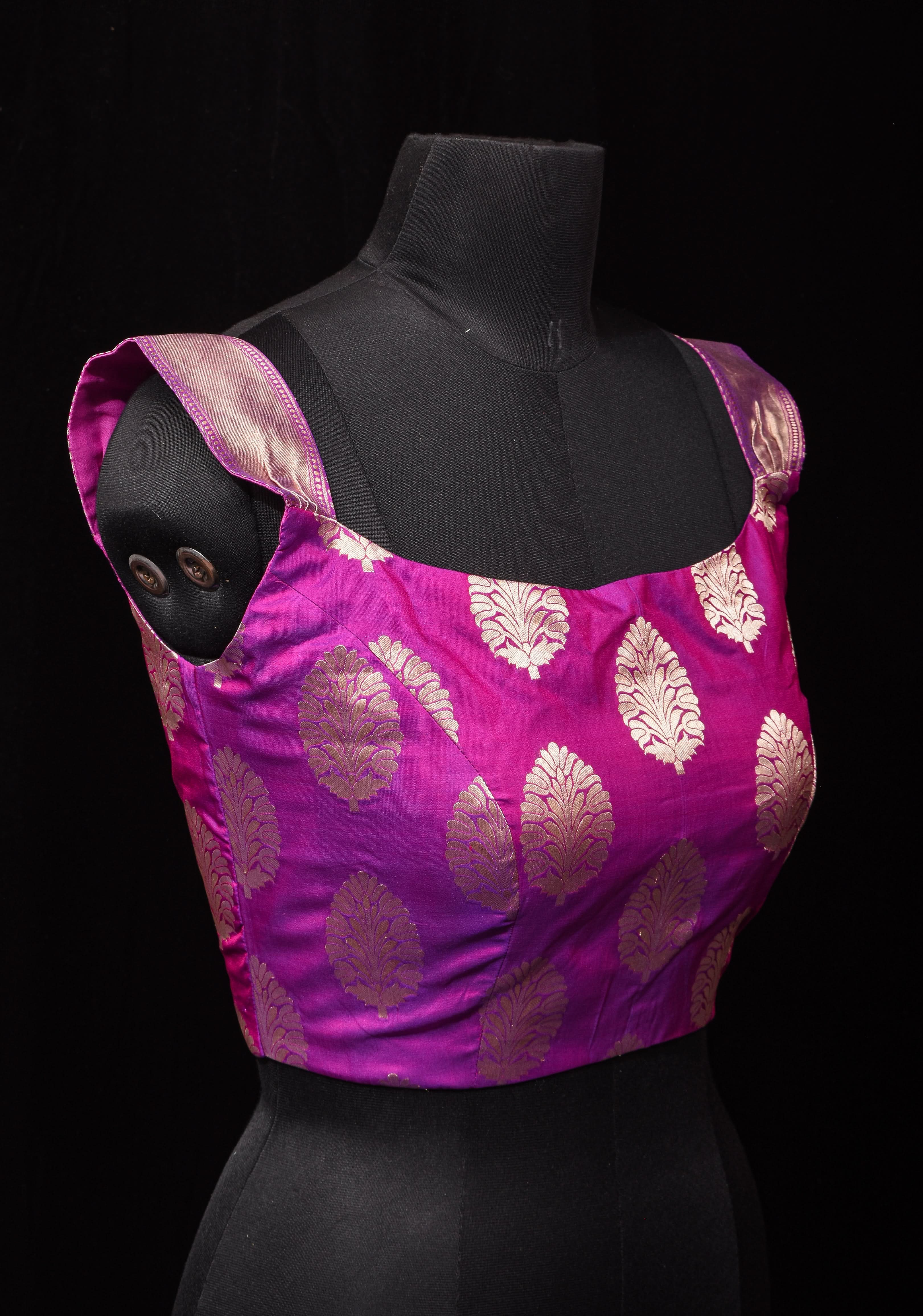 Purple Dual Tone Pure Banarasi Silk Big Zari Butta Blouse with Shoulder straps,customizable, made-to-order | Shobitam
