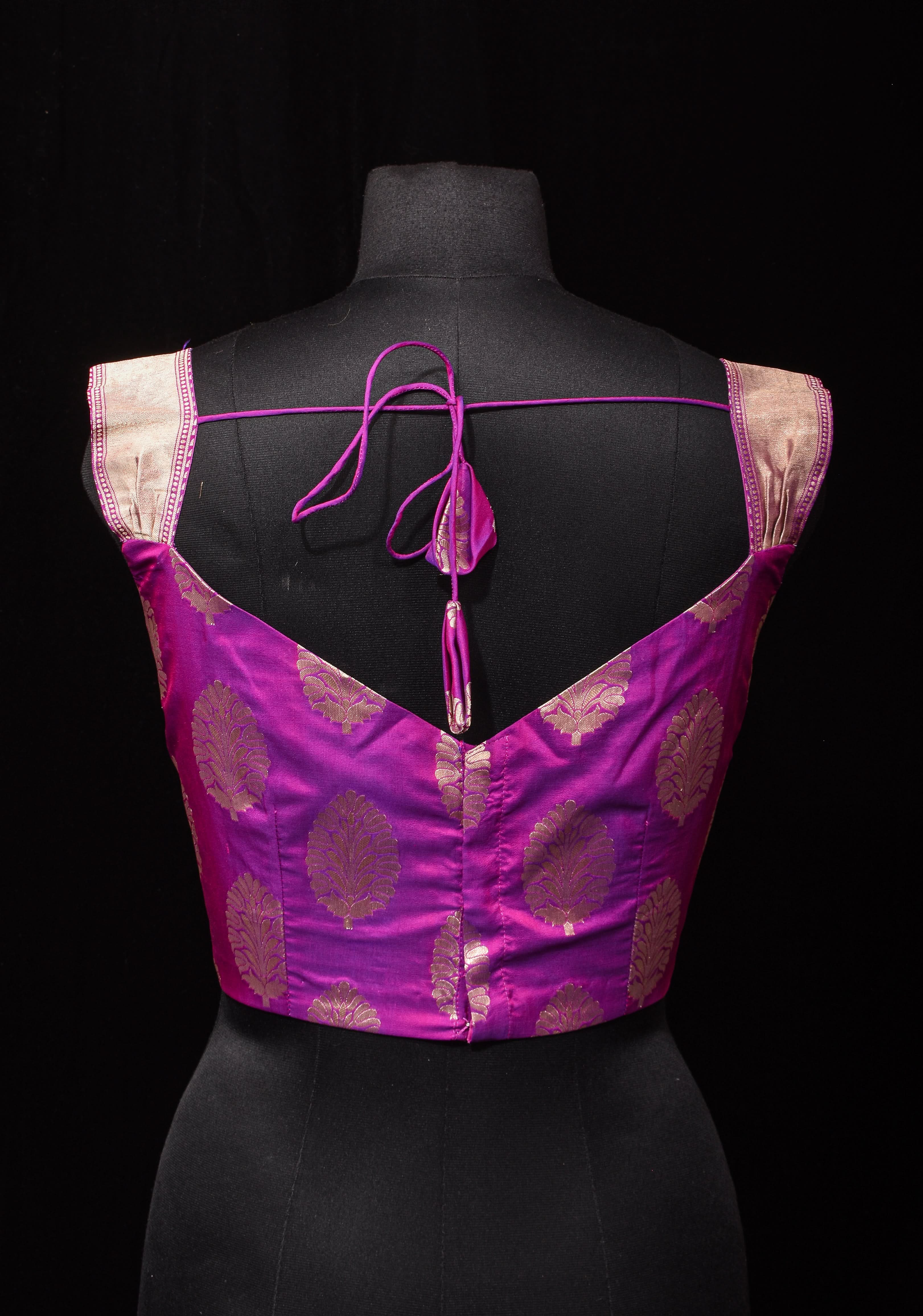 Purple Dual Tone Pure Banarasi Silk Big Zari Butta Blouse with Shoulder straps,customizable, made-to-order | Shobitam