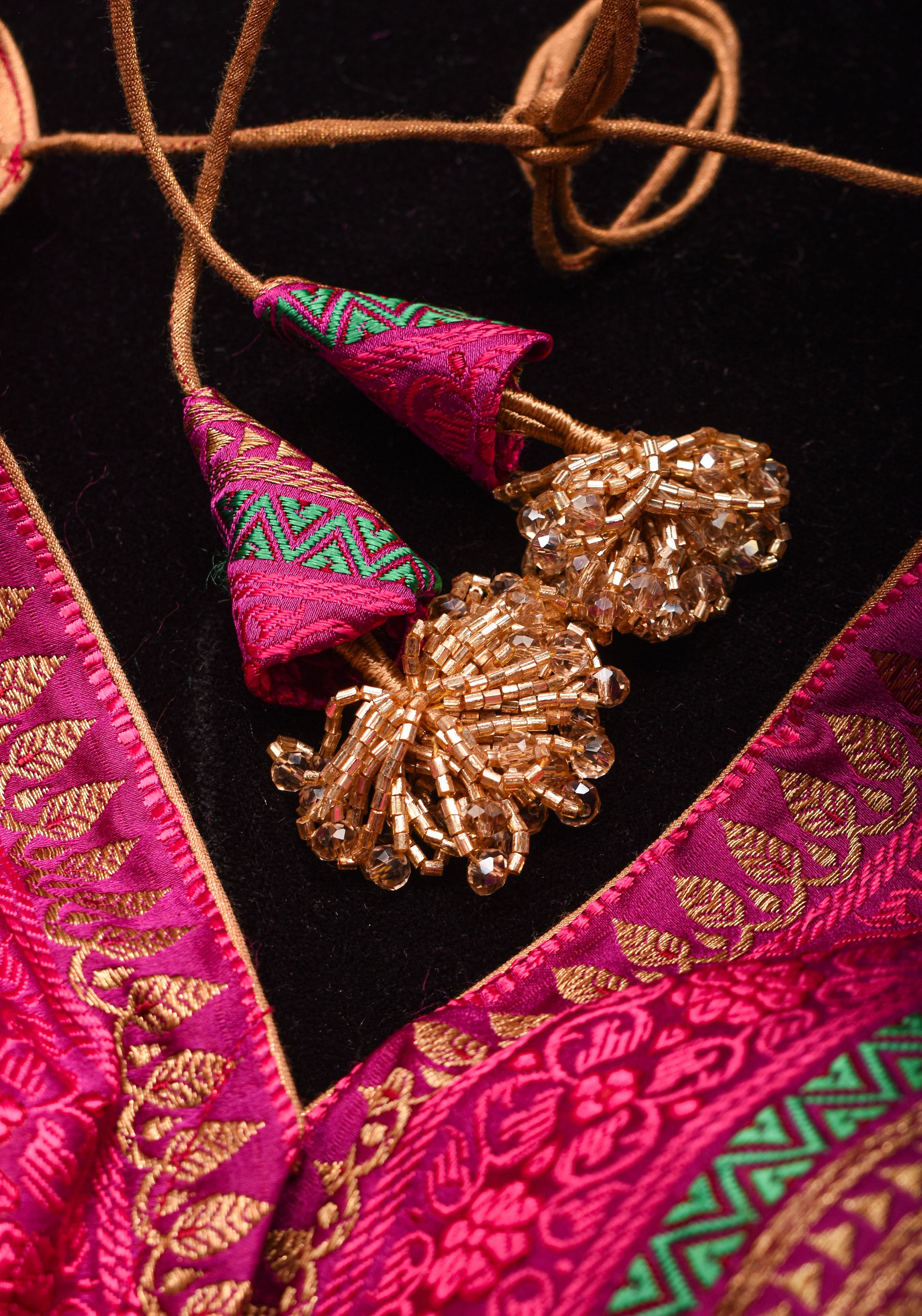 Rani Pink with Multicolor Striped Brocade Banarasi Blouse with V neck, Made to Order | Shobitam