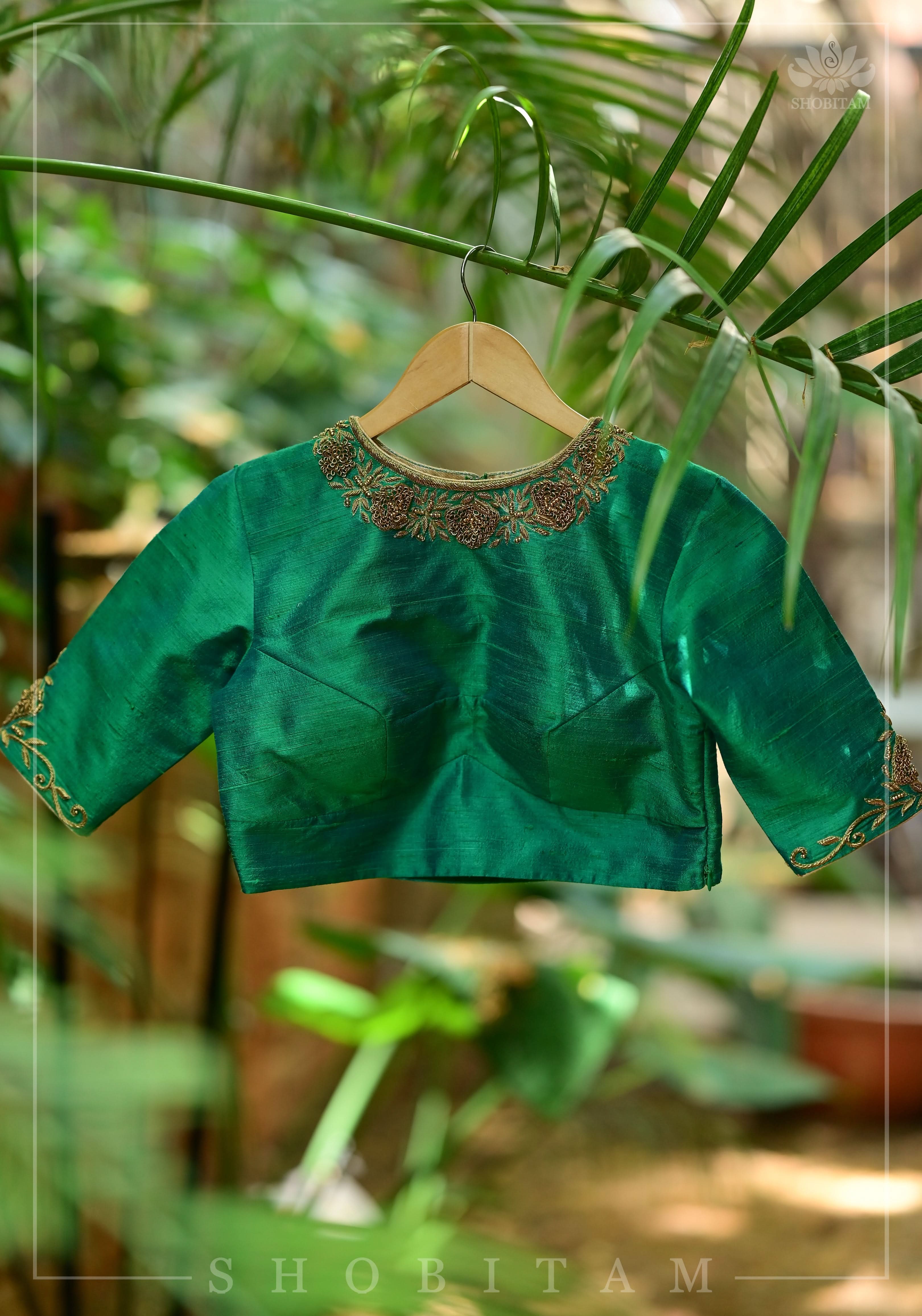 Green Dual Tone Pure Raw Silk Blouse with Antique Tone Zardosi work | Shobitam