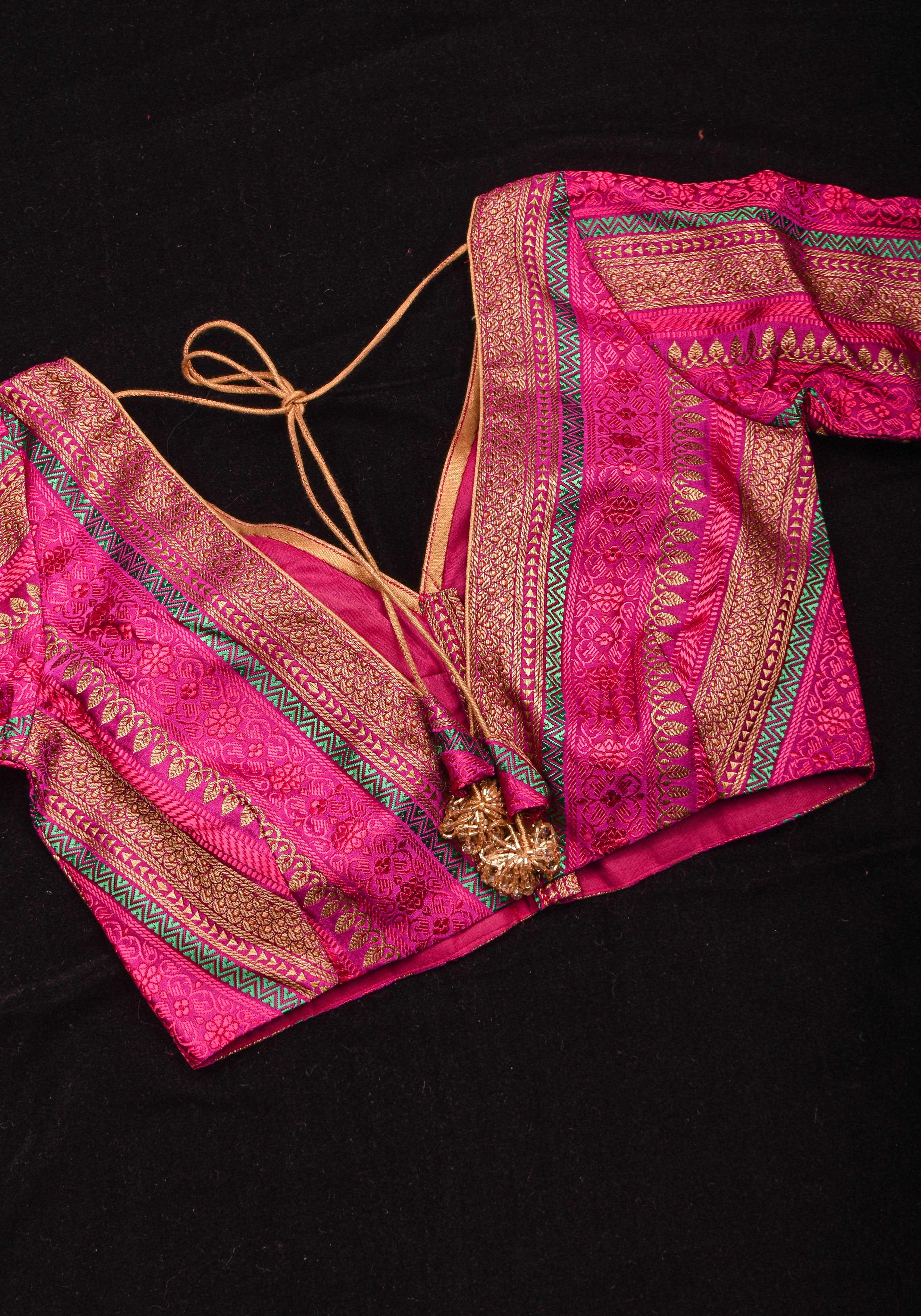 Rani Pink with Multicolor Striped Brocade Banarasi Blouse with V neck, Made to Order | Shobitam