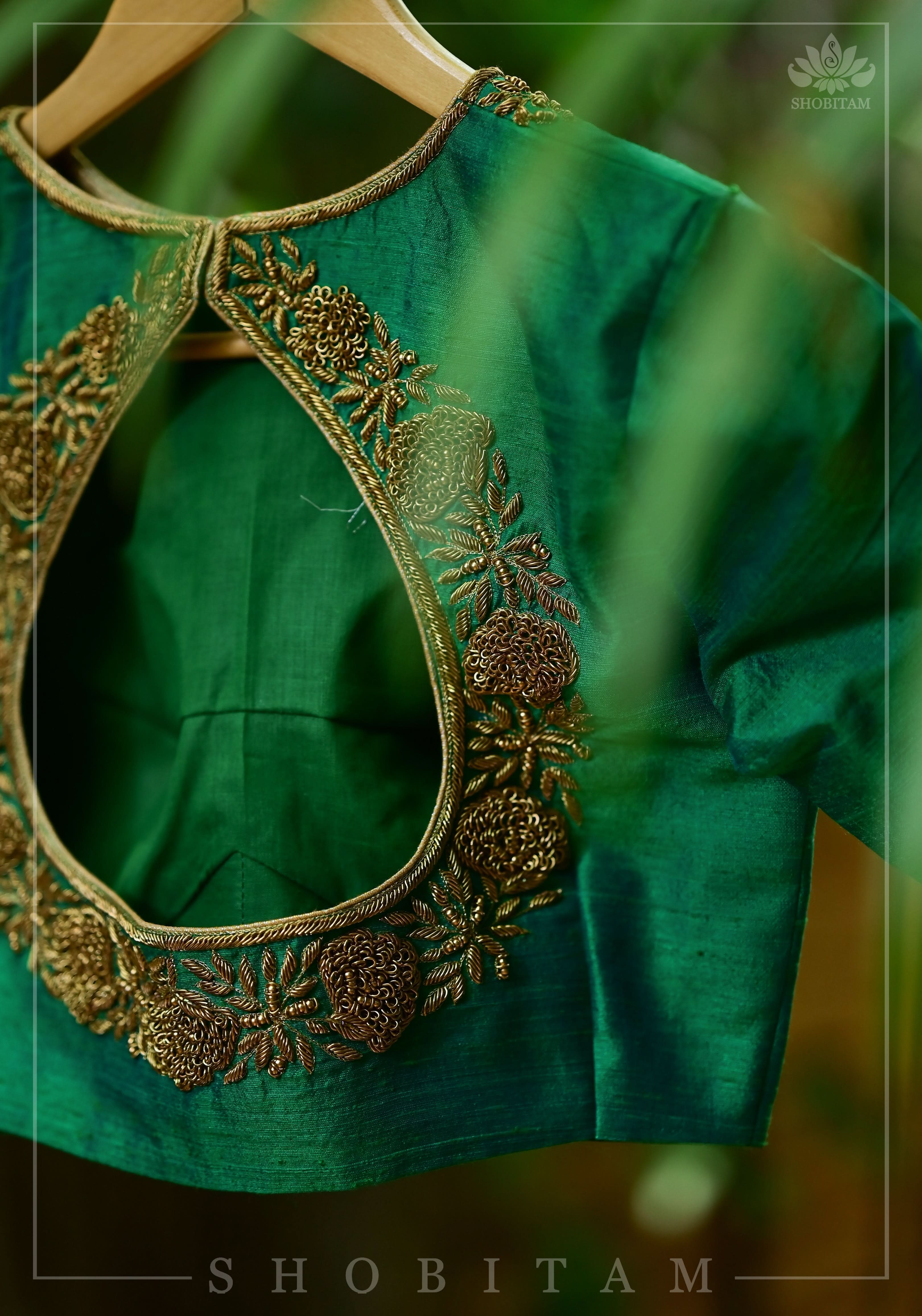 Green Dual Tone Pure Raw Silk Blouse with Antique Tone Zardosi work | Shobitam