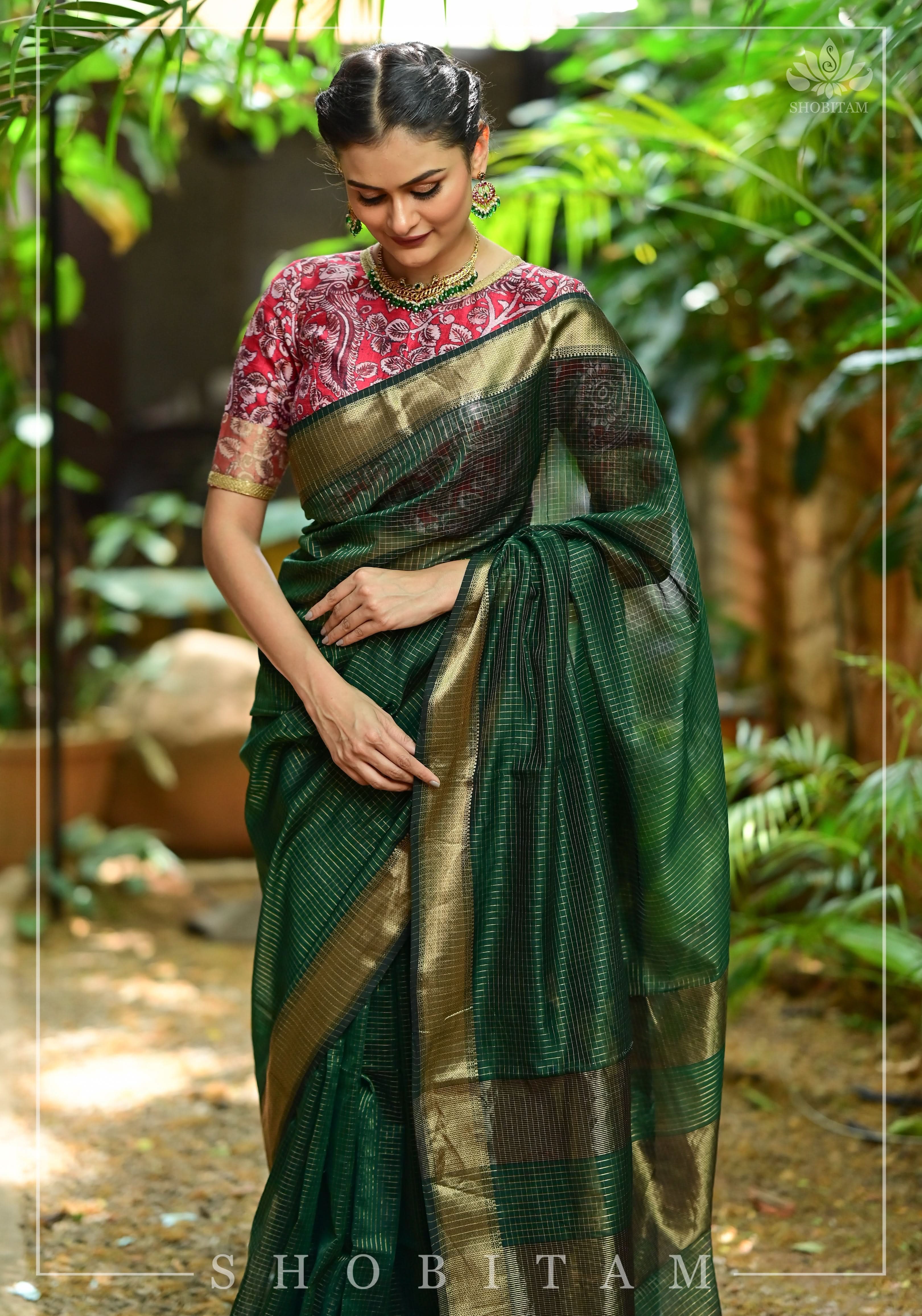 Bottle Green Handwoven Maheshwari Silk Cotton Zari Pinstripes Saree. | Shobitam