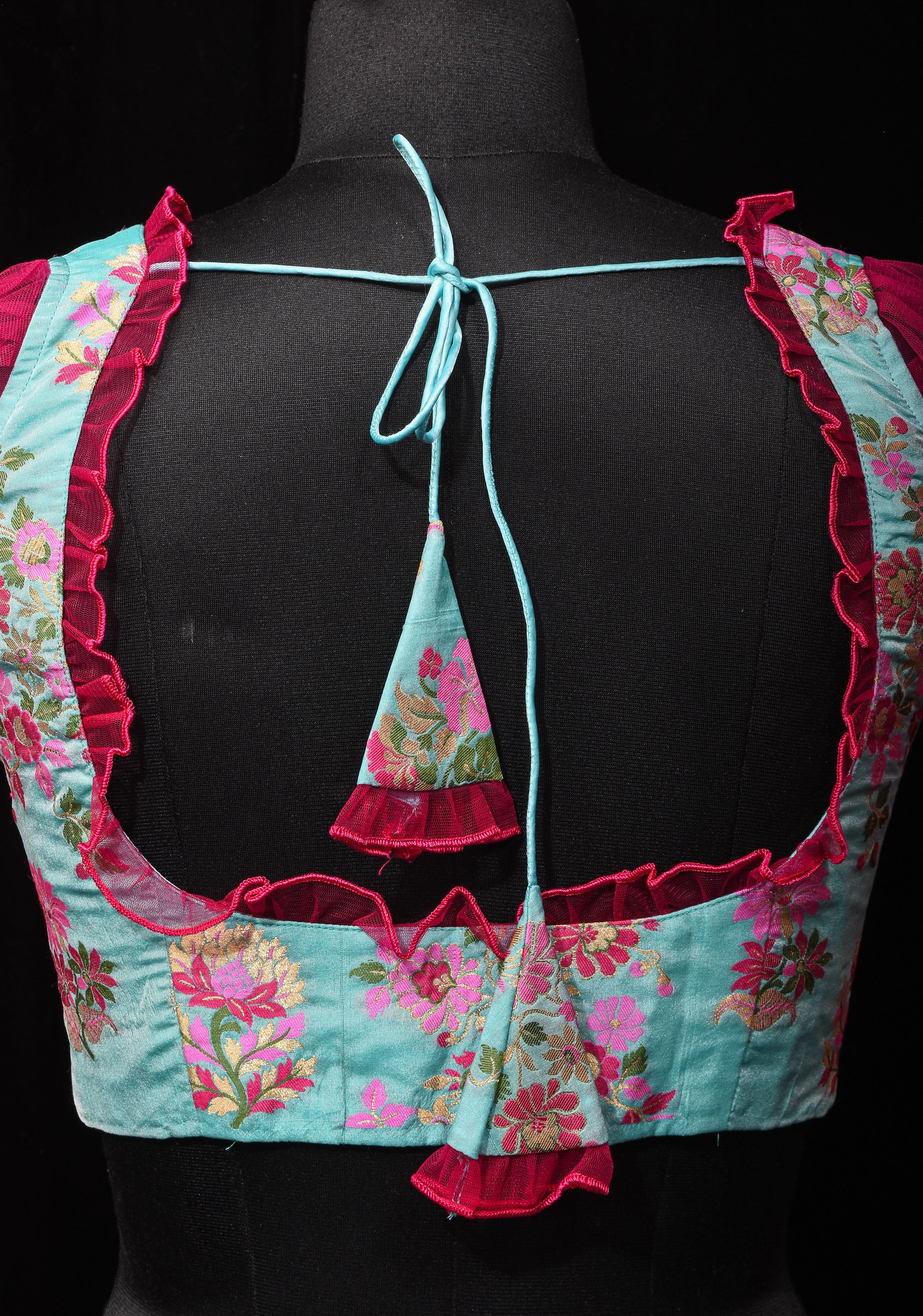 Mint Green Banarasi Meenakari Blouse with Fuchsia Net layered Puff Sleeves,customizable, made-to-order | Shobitam