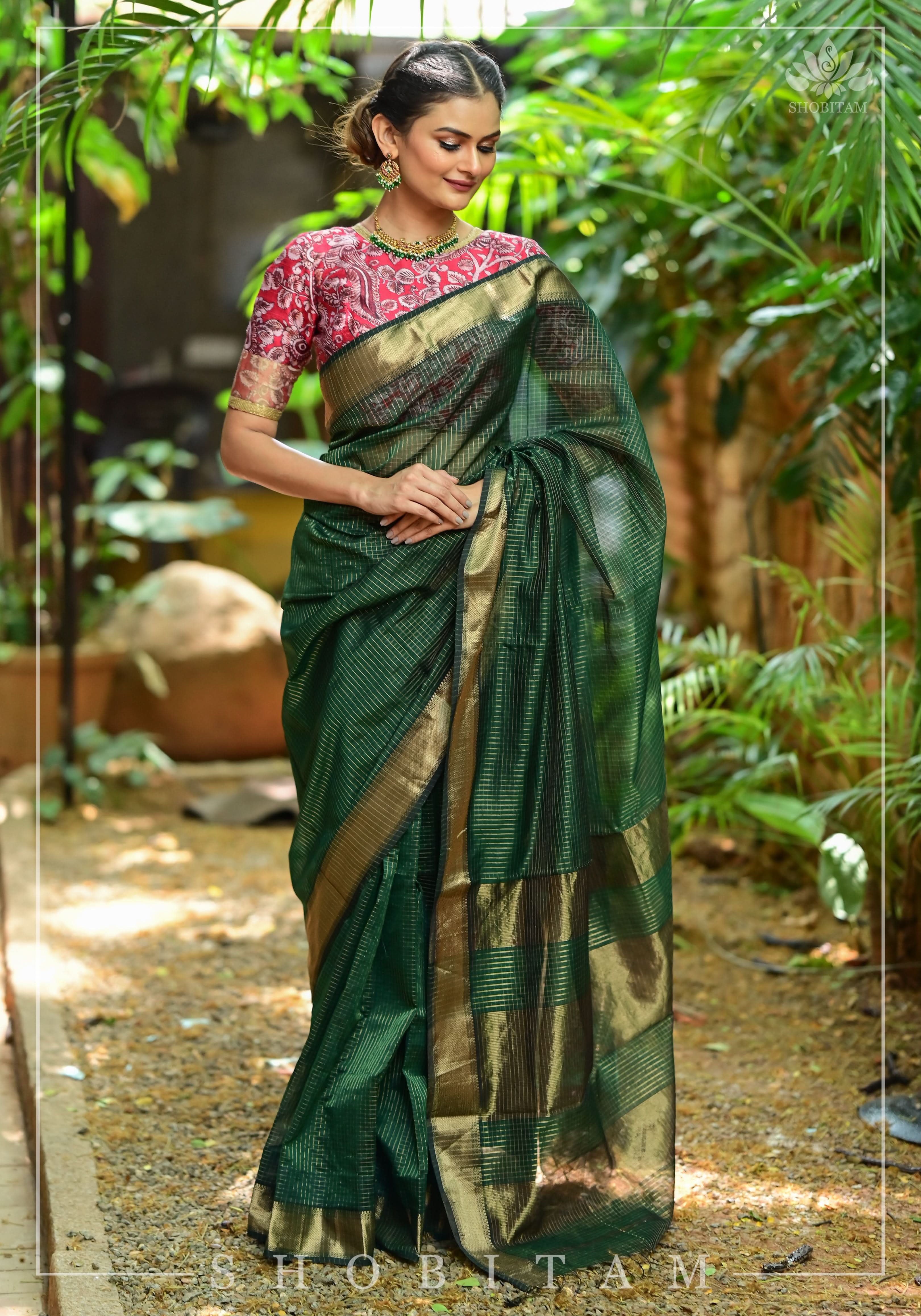 Bottle Green Handwoven Maheshwari Silk Cotton Zari Pinstripes Saree. | Shobitam