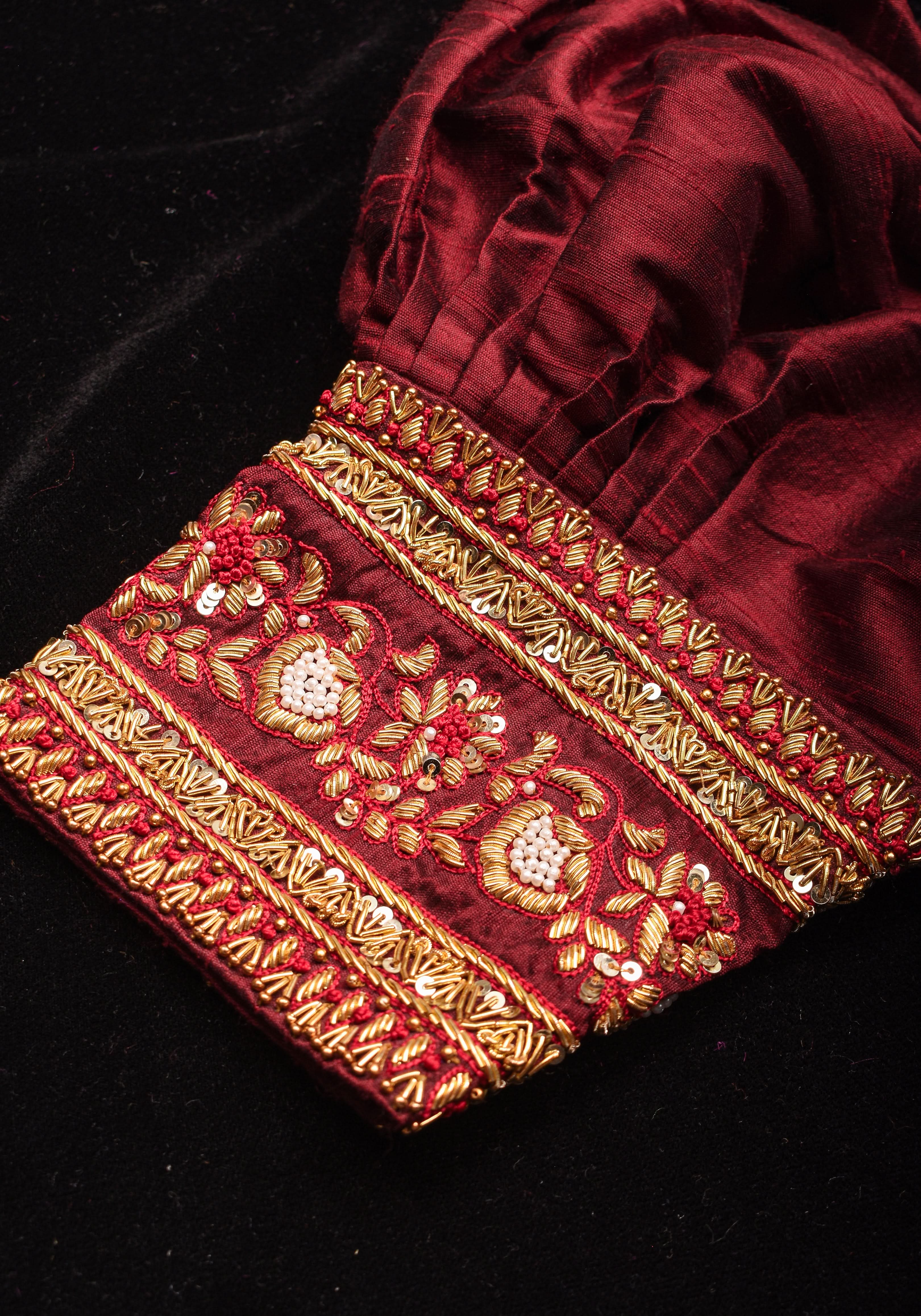 Maroon Pure Raw Silk Blouse with Hand Zardosi detailing and Puff Sleeves, Made to Order | Shobitam