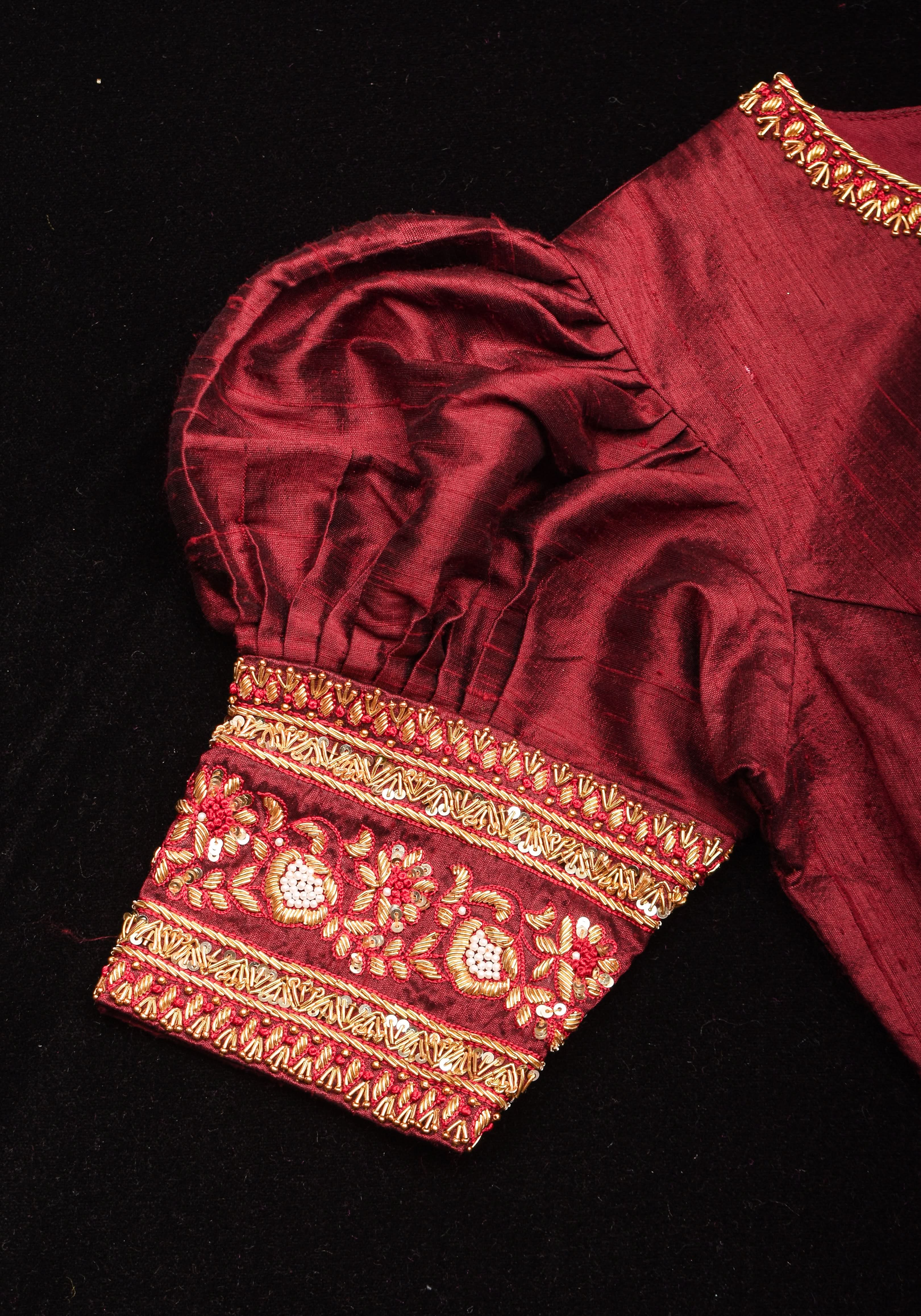 Maroon Pure Raw Silk Blouse with Hand Zardosi detailing and Puff Sleeves, Made to Order | Shobitam