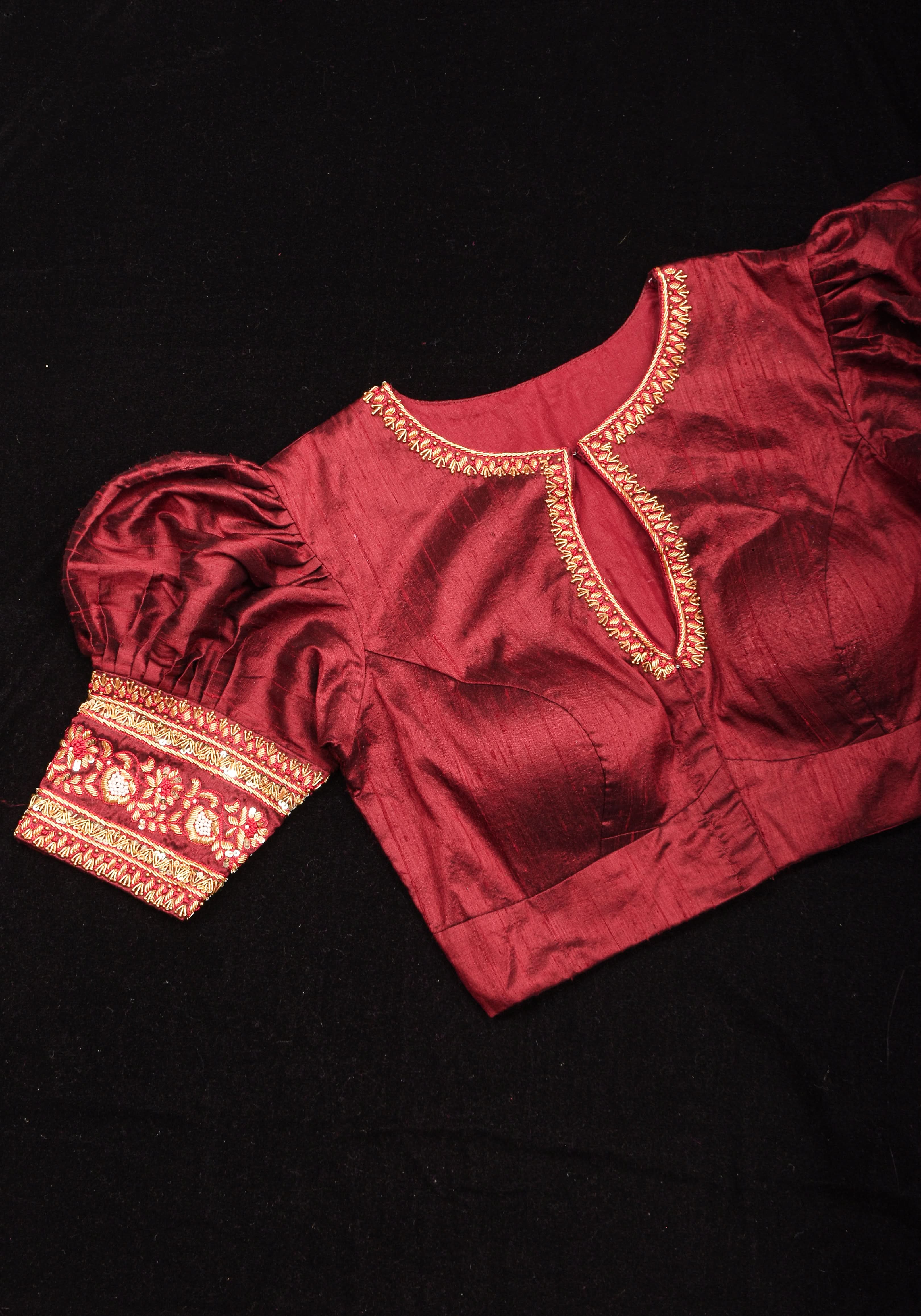 Maroon Pure Raw Silk Blouse with Hand Zardosi detailing and Puff Sleeves, Made to Order | Shobitam