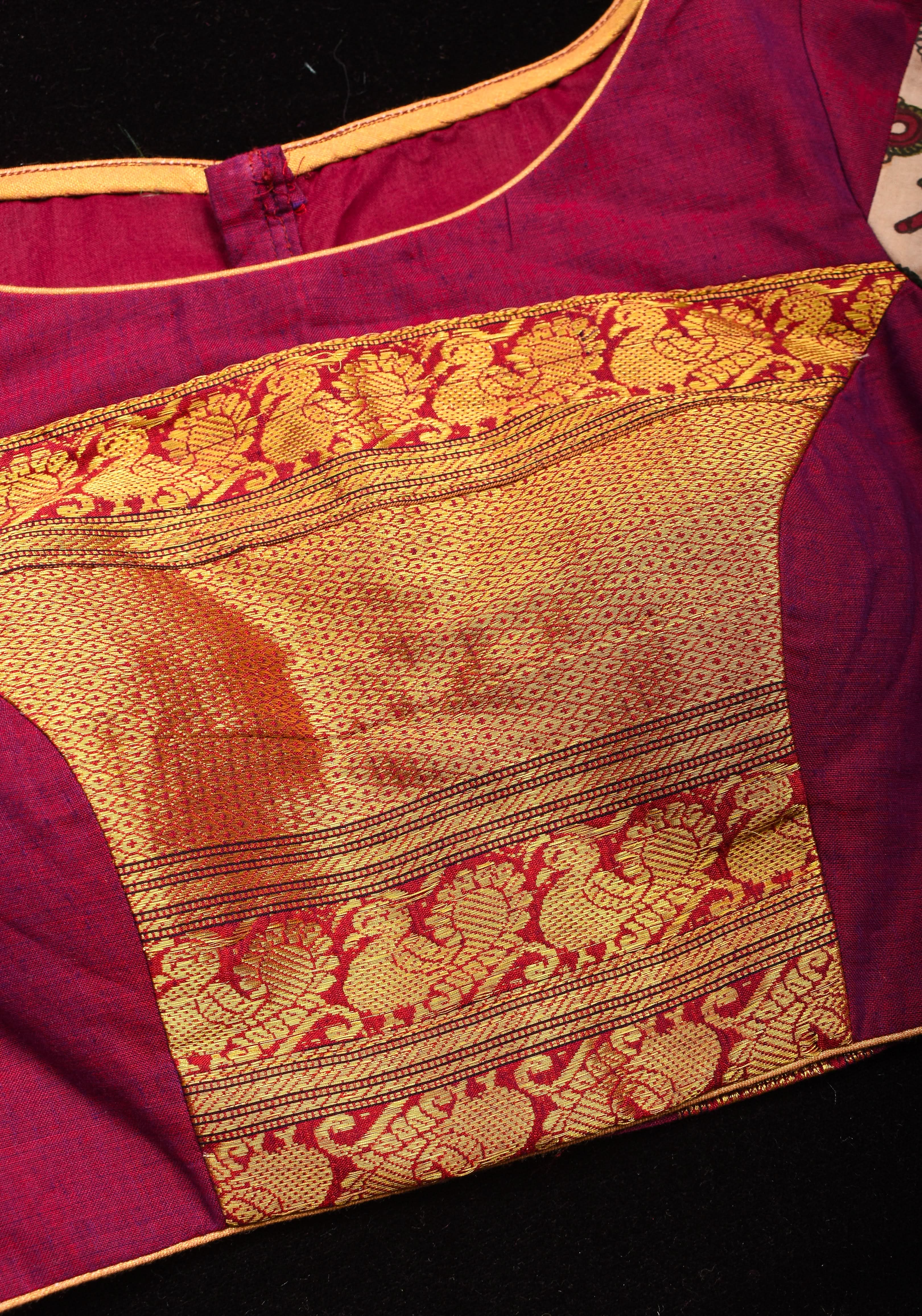Pen Kalamkari and Plum Narayanpet Cotton Blouse with Zari detailing, Made to Order | Shobitam
