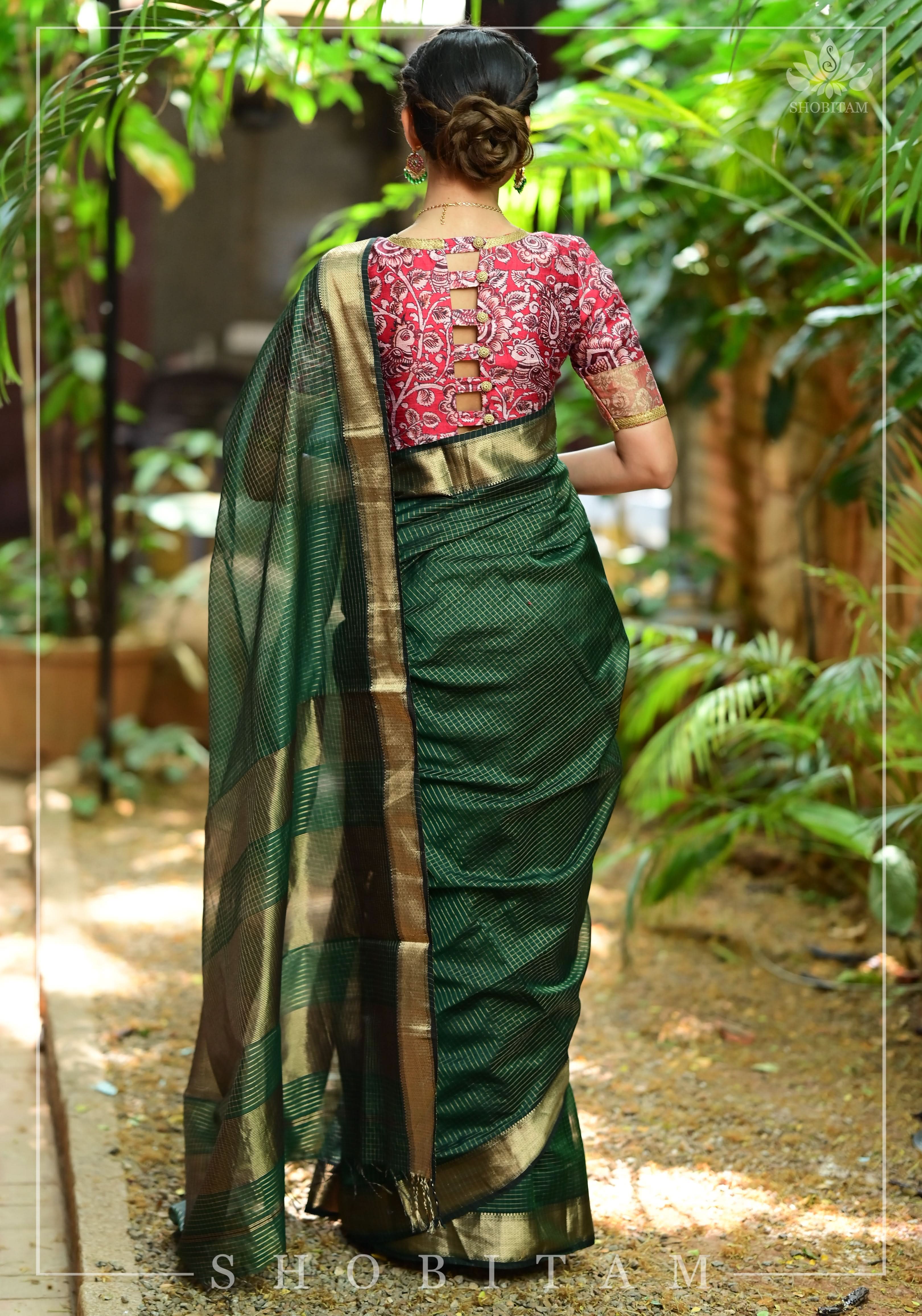 Bottle Green Handwoven Maheshwari Silk Cotton Zari Pinstripes Saree. | Shobitam