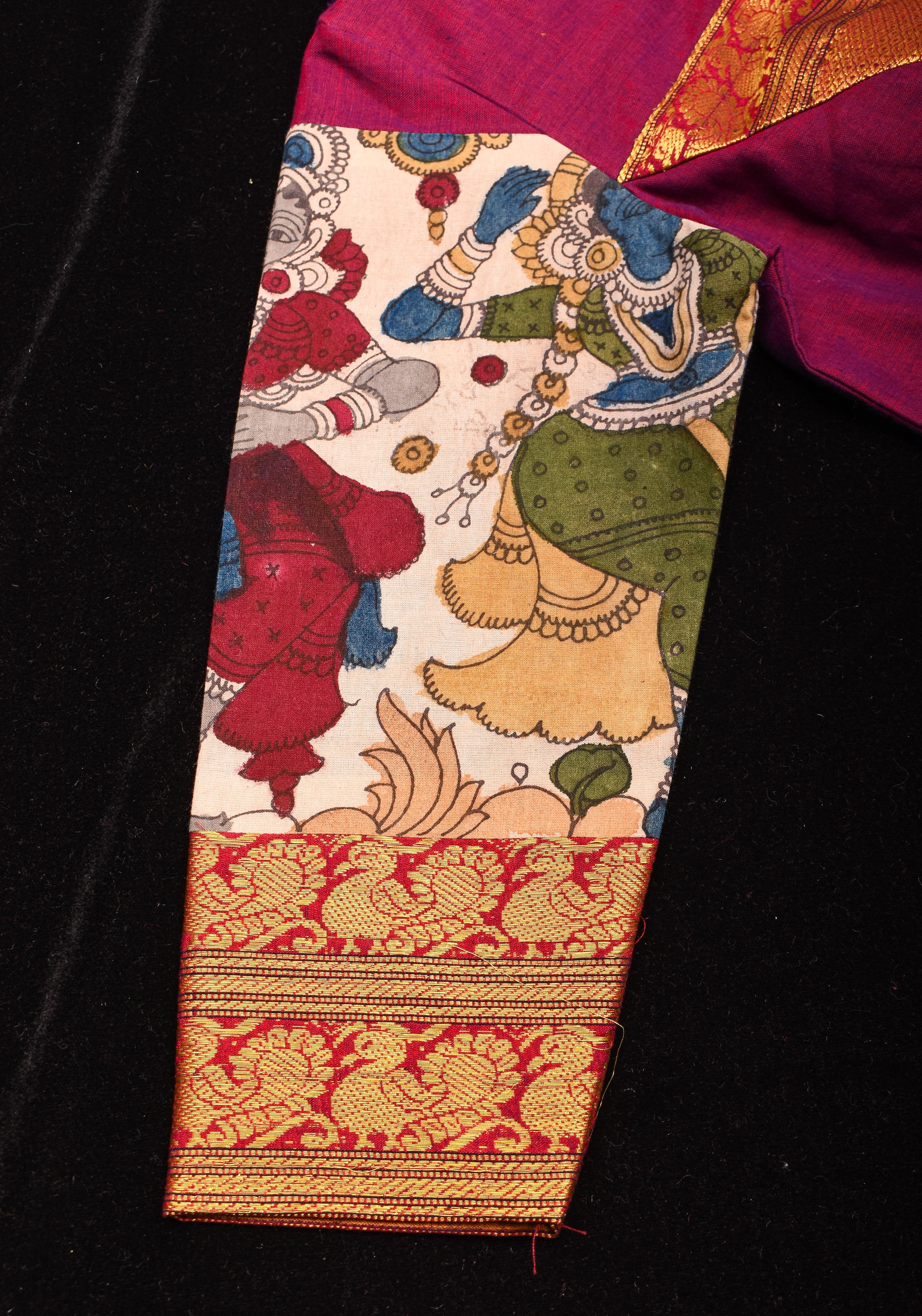 Pen Kalamkari and Plum Narayanpet Cotton Blouse with Zari detailing, Made to Order | Shobitam