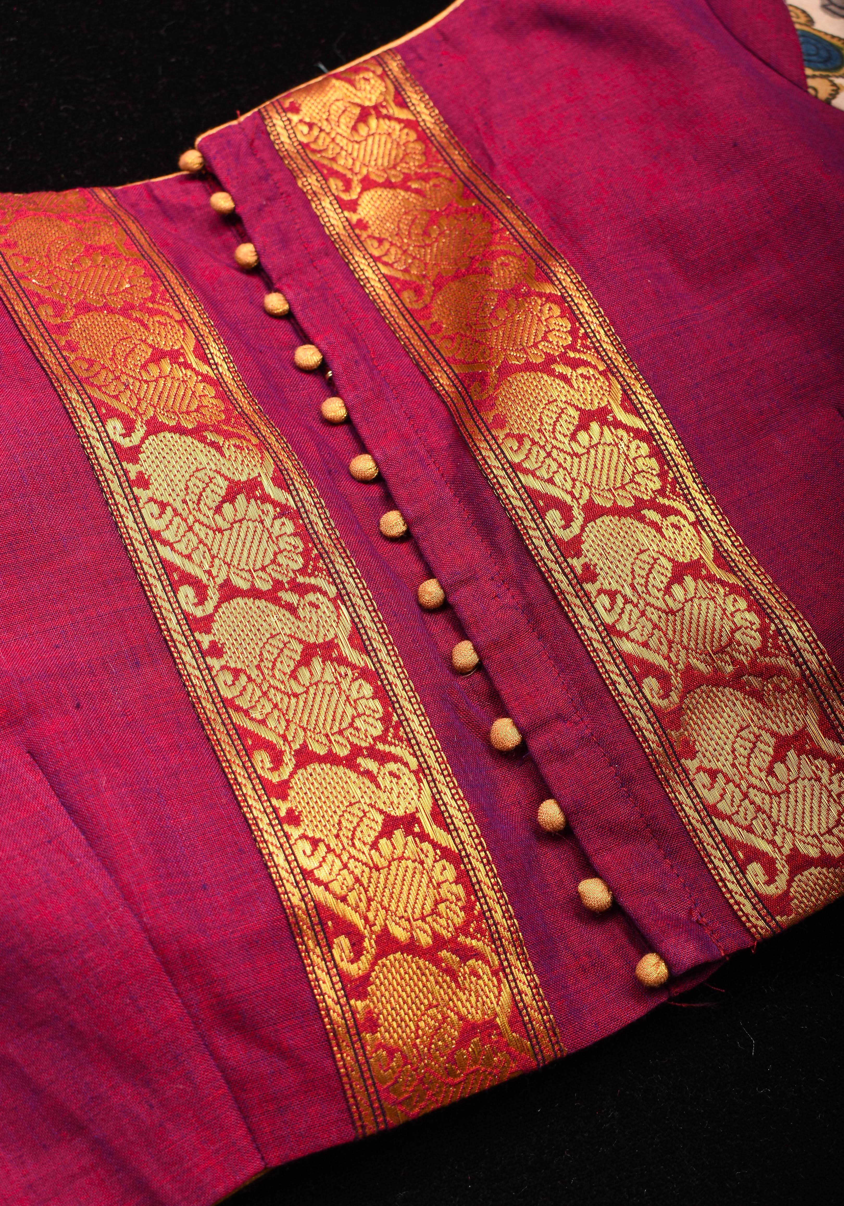 Pen Kalamkari and Plum Narayanpet Cotton Blouse with Zari detailing, Made to Order | Shobitam