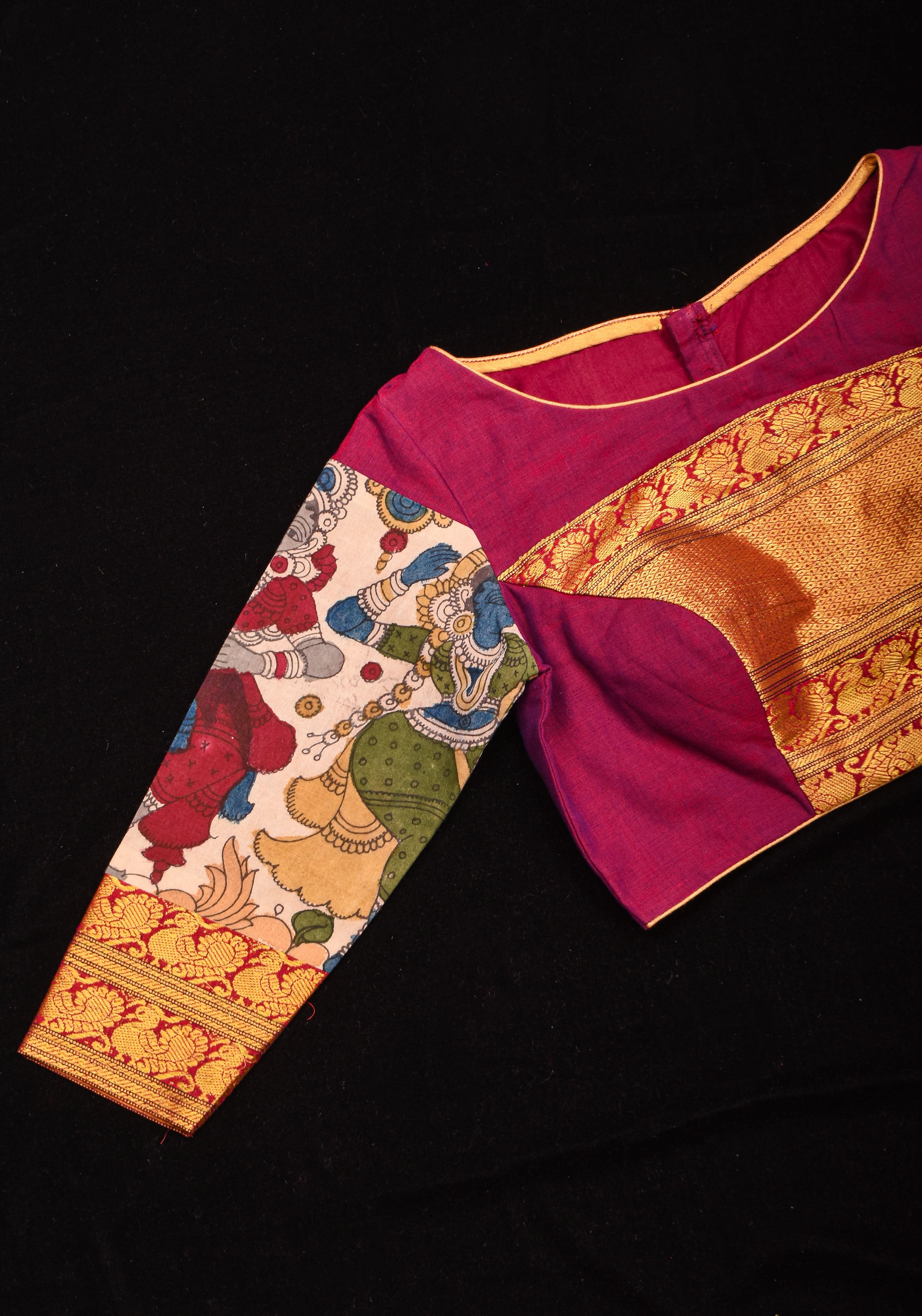 Pen Kalamkari and Plum Narayanpet Cotton Blouse with Zari detailing, Made to Order | Shobitam