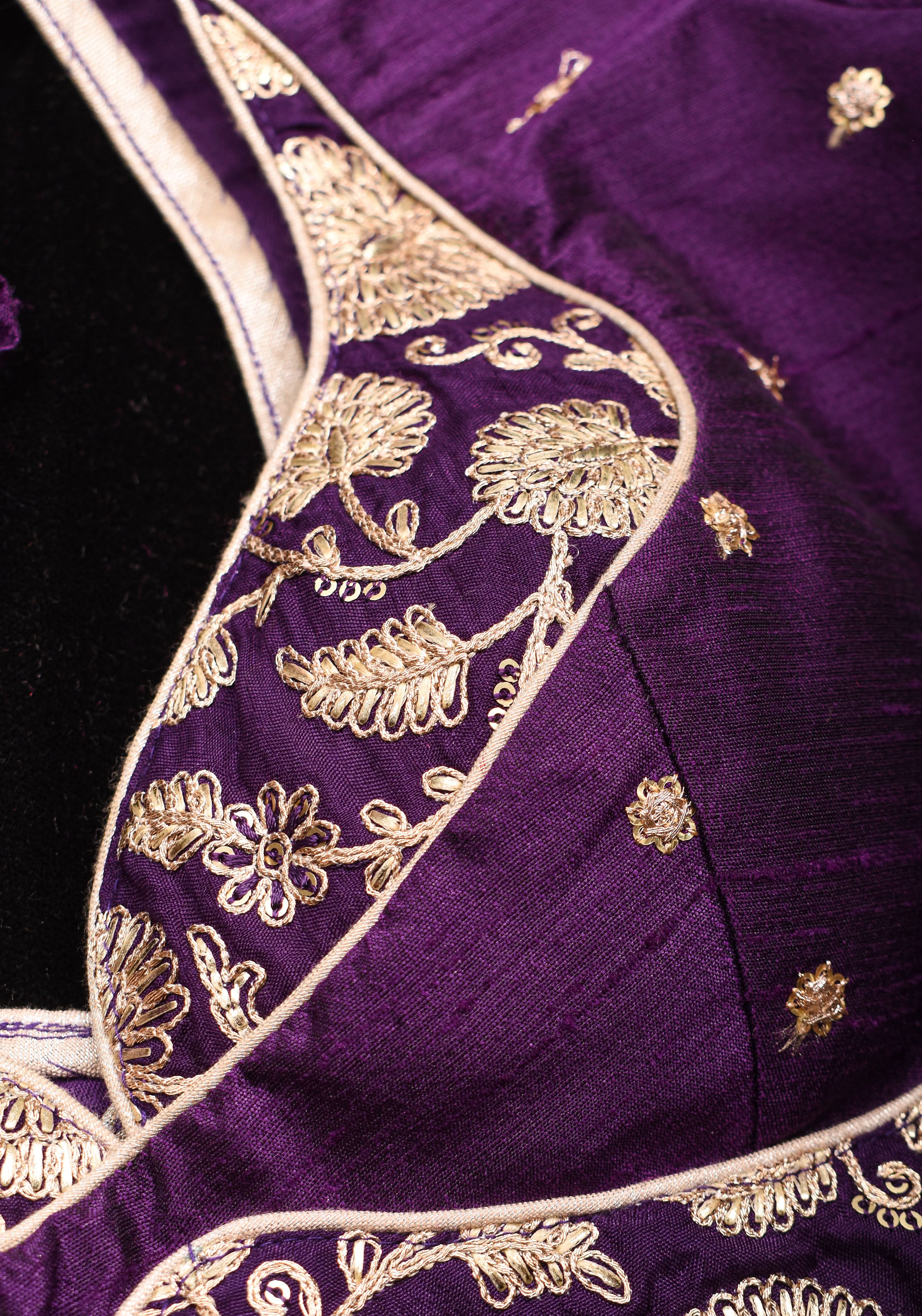Jamuni Purple Butta and Jaal Leafneck two fabric blouse, Made to Order | Shobitam
