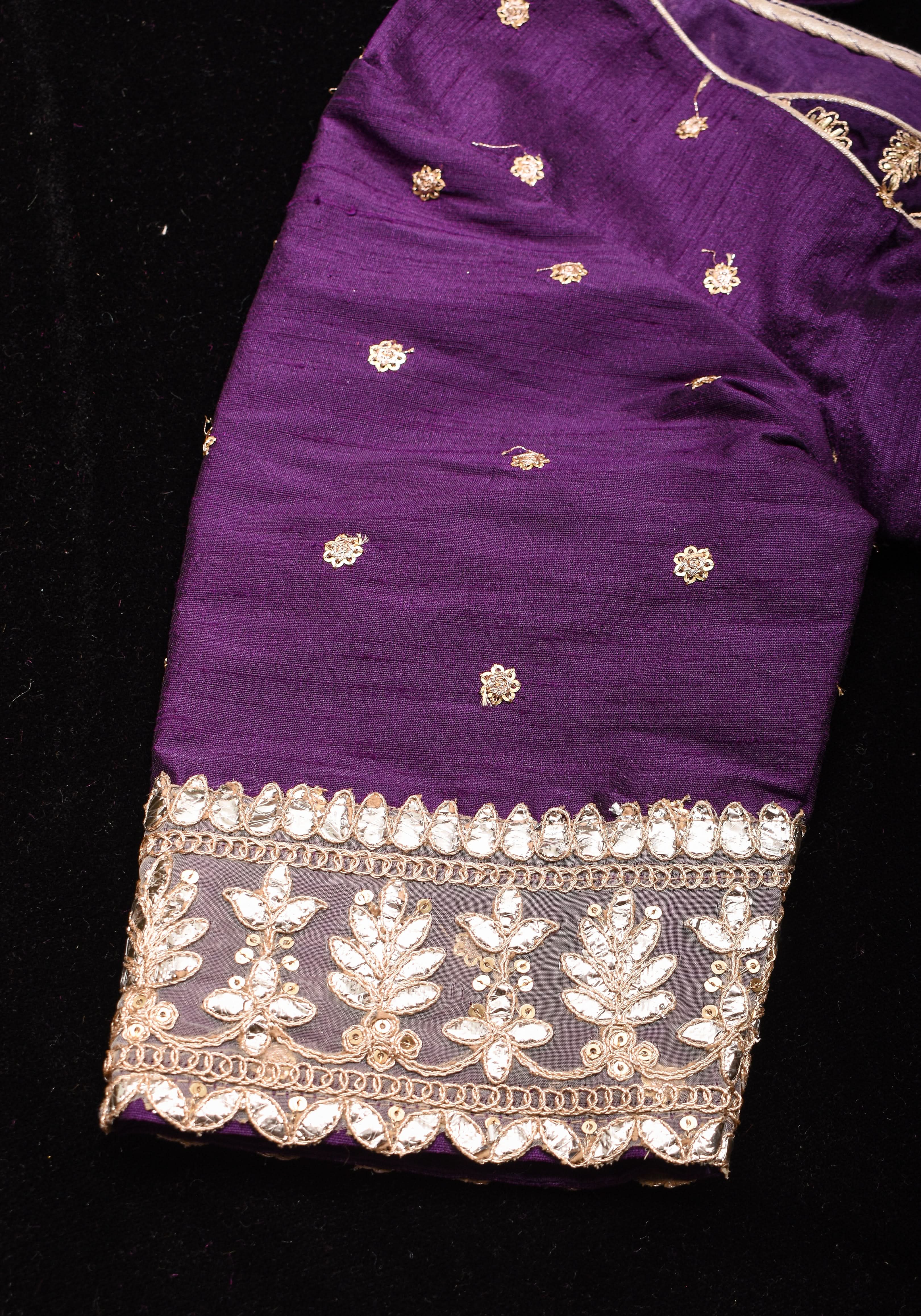 Jamuni Purple Butta and Jaal Leafneck two fabric blouse, Made to Order | Shobitam