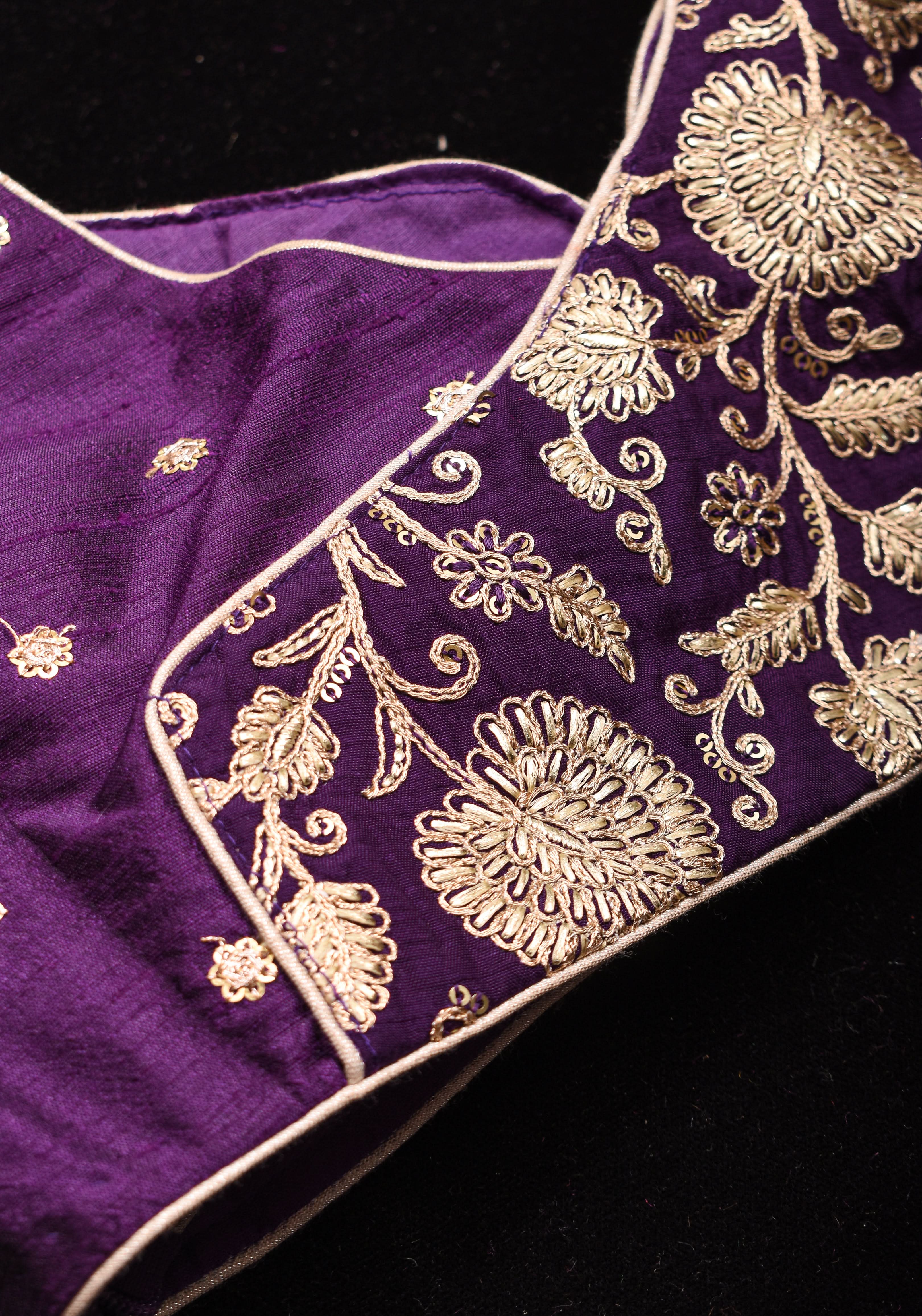 Jamuni Purple Butta and Jaal Leafneck two fabric blouse, Made to Order | Shobitam