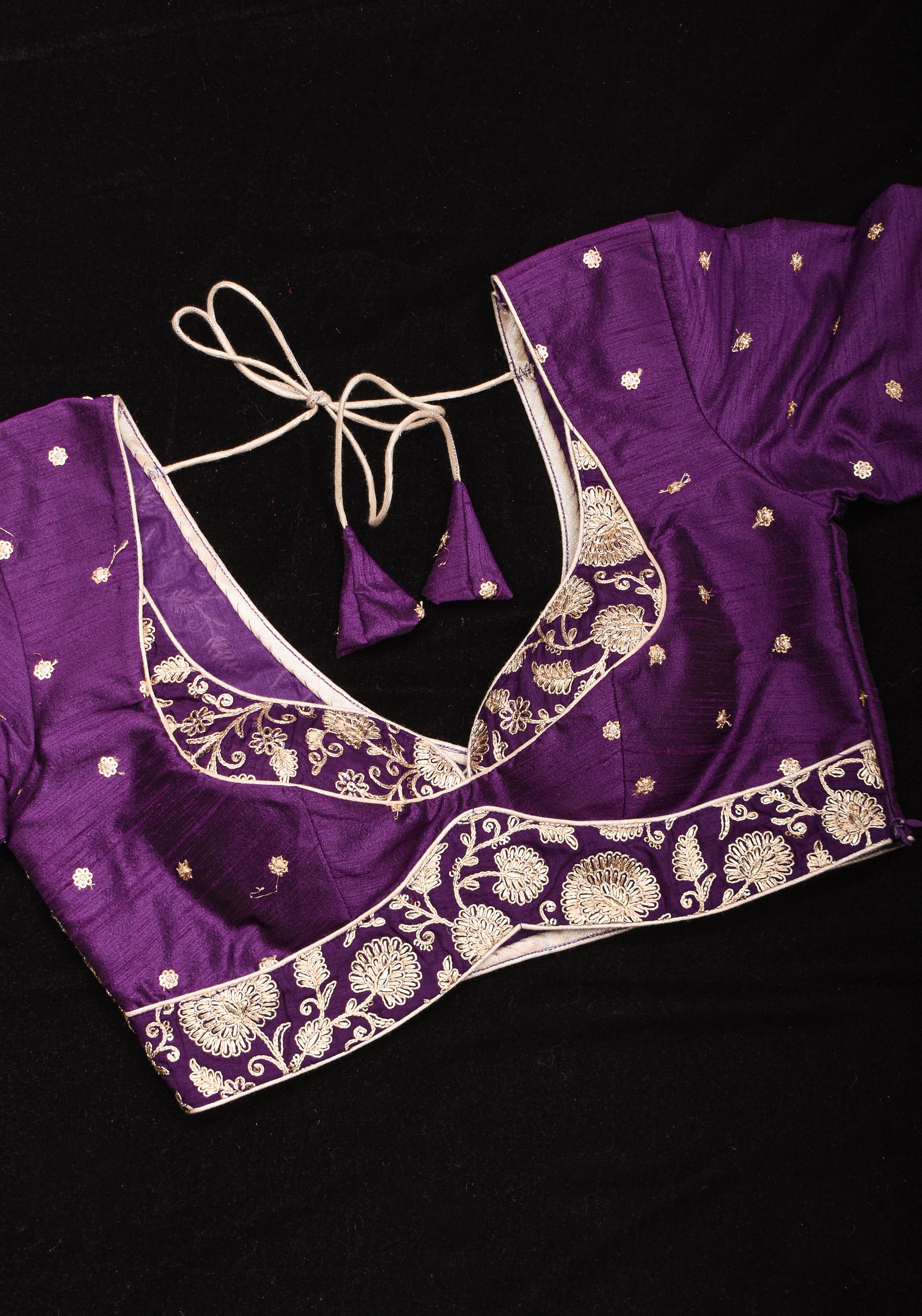 Jamuni Purple Butta and Jaal Leafneck two fabric blouse, Made to Order | Shobitam