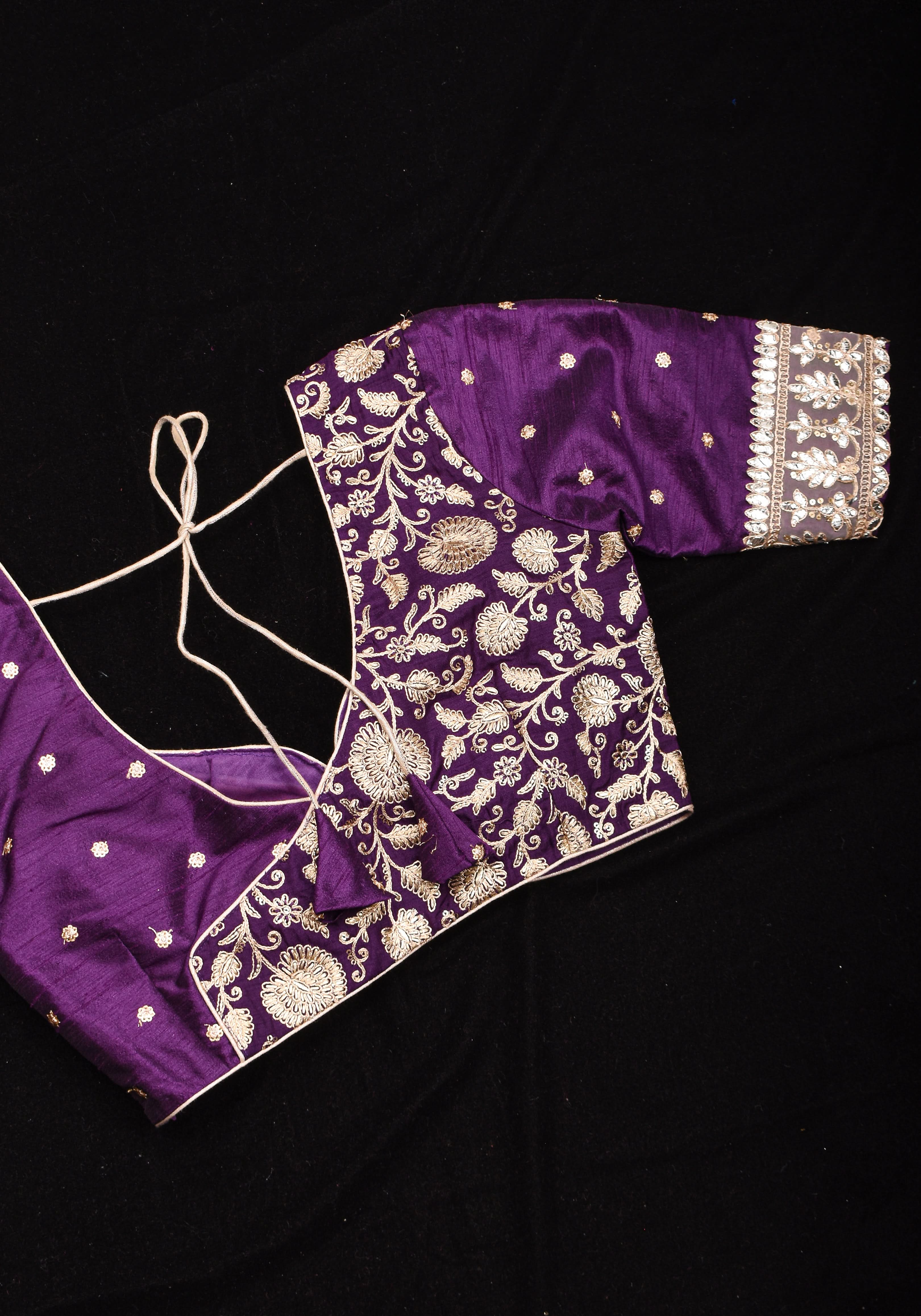 Jamuni Purple Butta and Jaal Leafneck two fabric blouse, Made to Order | Shobitam