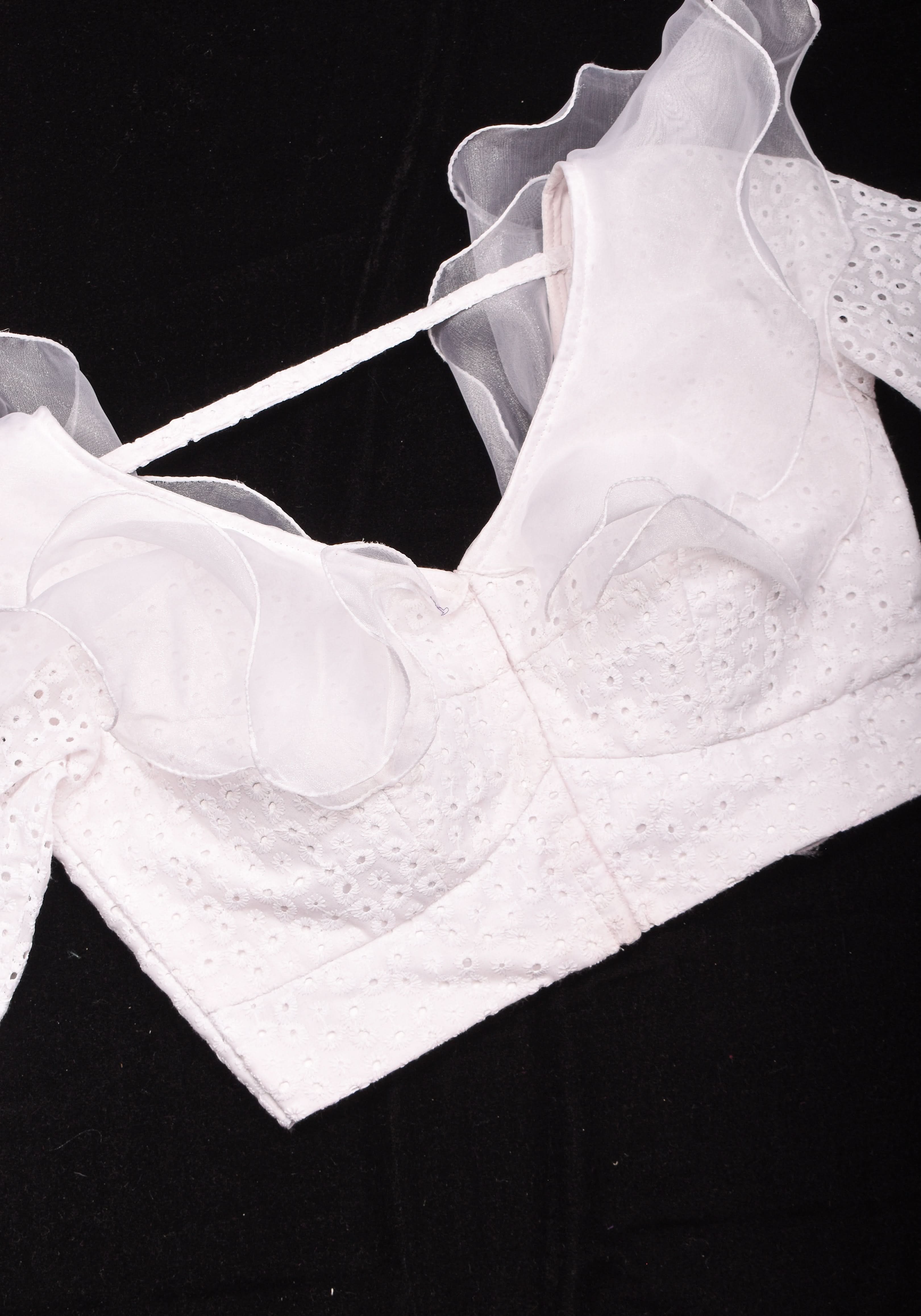 White Hakoba  blouse with Organza  Ruffle detailing , Made to Order | Shobitam