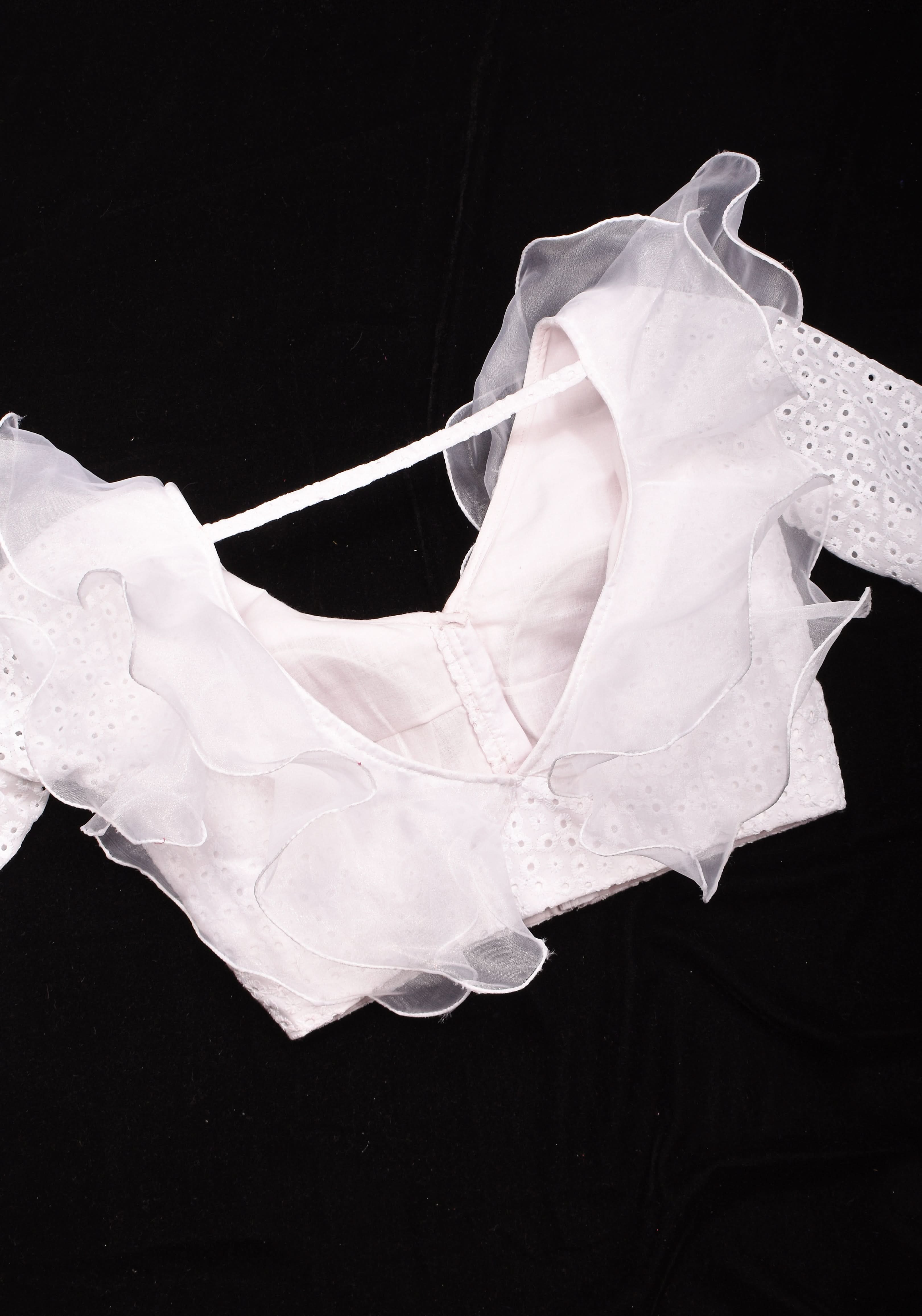 White Hakoba  blouse with Organza  Ruffle detailing , Made to Order | Shobitam