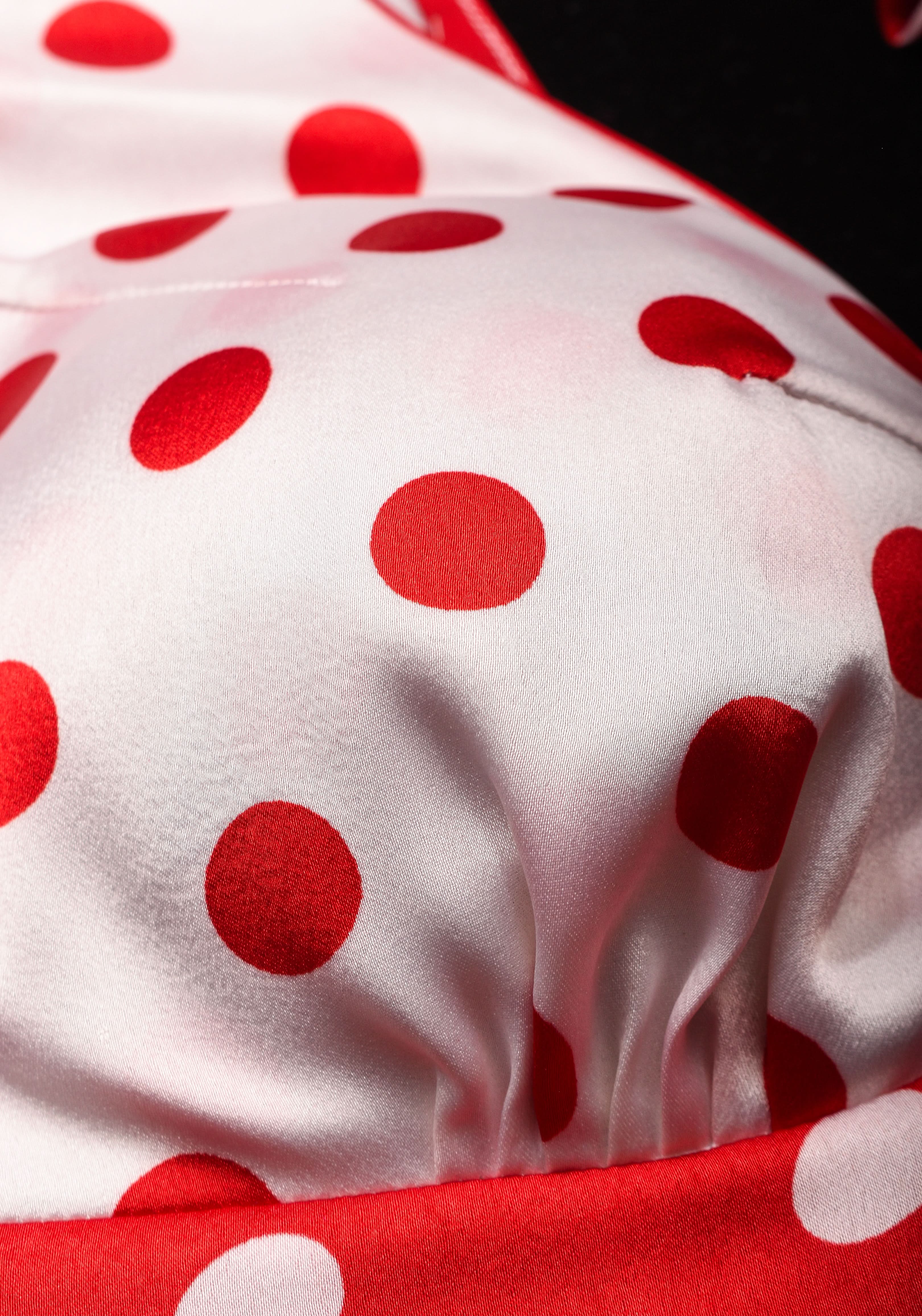 Retro red and White Polka Dot Satin Blouse with Contrasting Red scarf , Made to Order | Shobitam