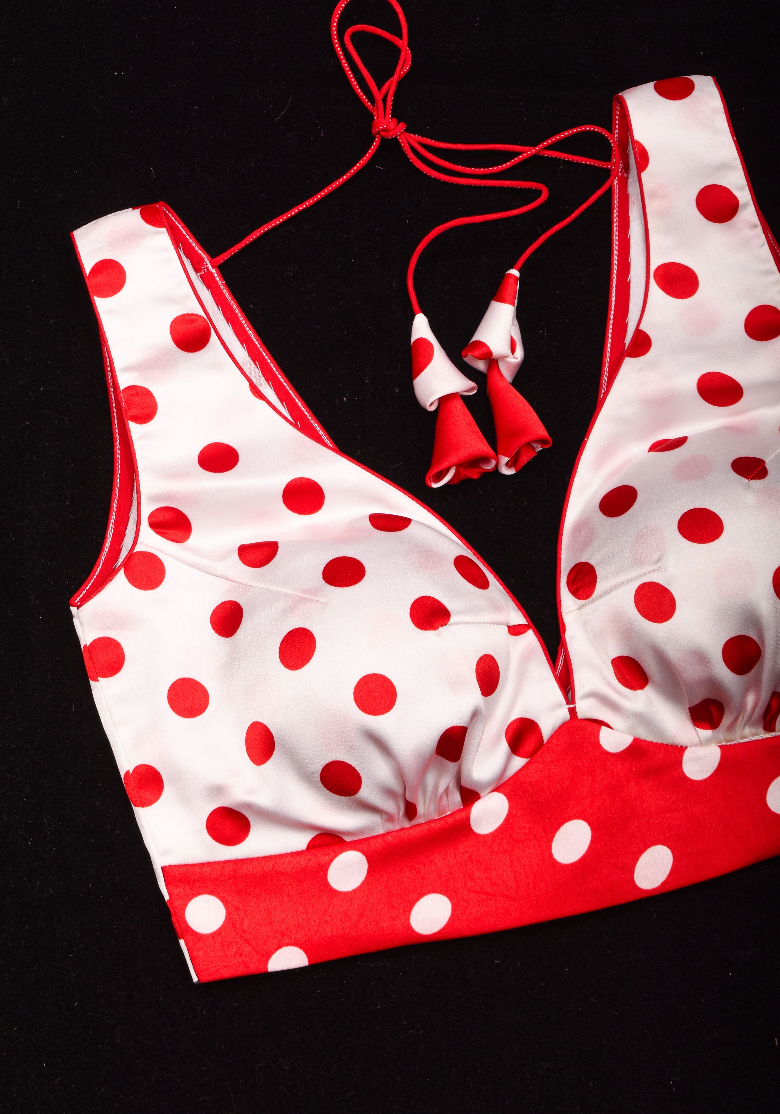 Retro red and White Polka Dot Satin Blouse with Contrasting Red scarf , Made to Order | Shobitam