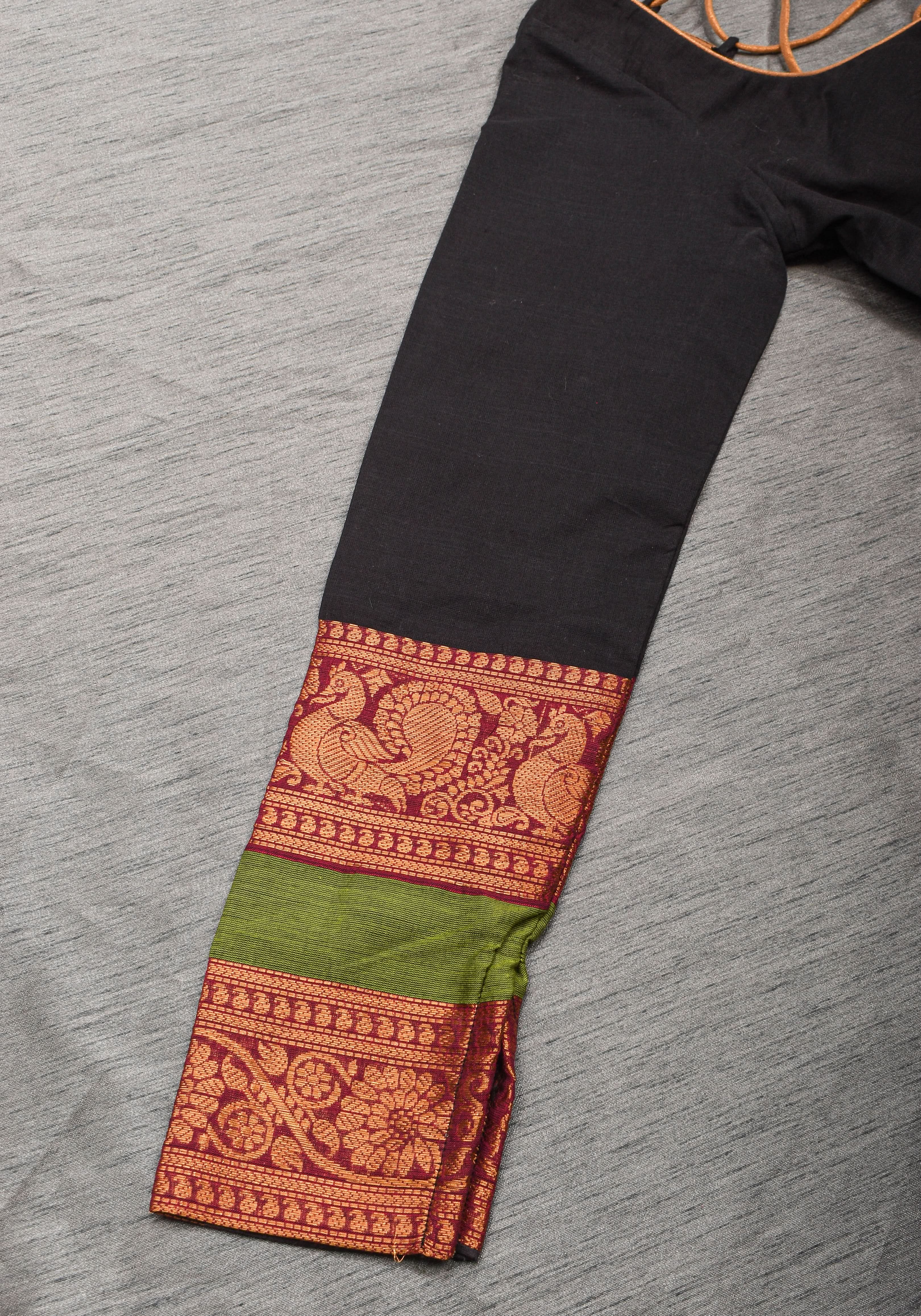 Charming Black Kanchi Cotton Blouse with 3/4th Sleeves, Zari detailing and Criss cross   , Made to Order | Shobitam