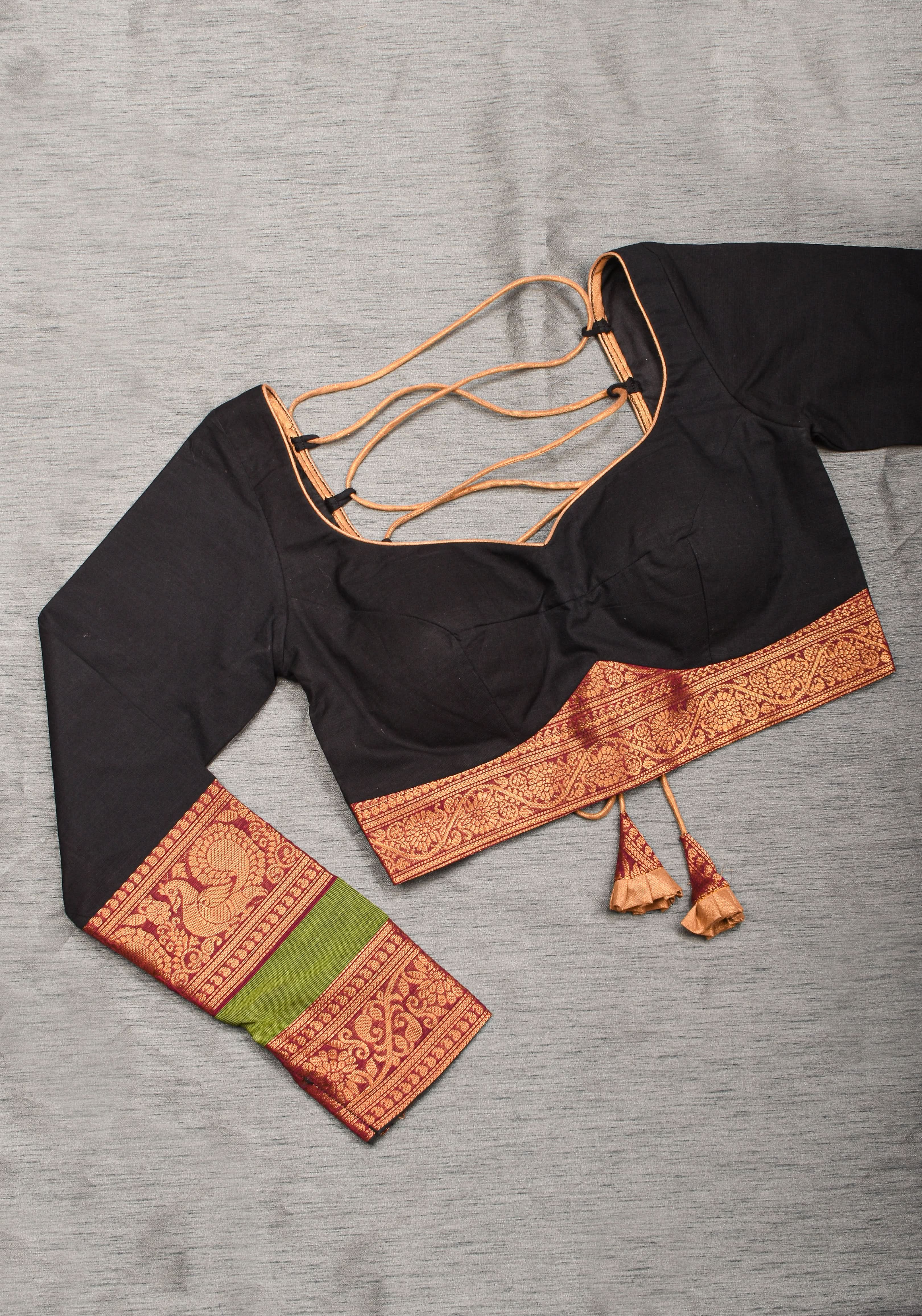 Charming Black Kanchi Cotton Blouse with 3/4th Sleeves, Zari detailing and Criss cross   , Made to Order | Shobitam