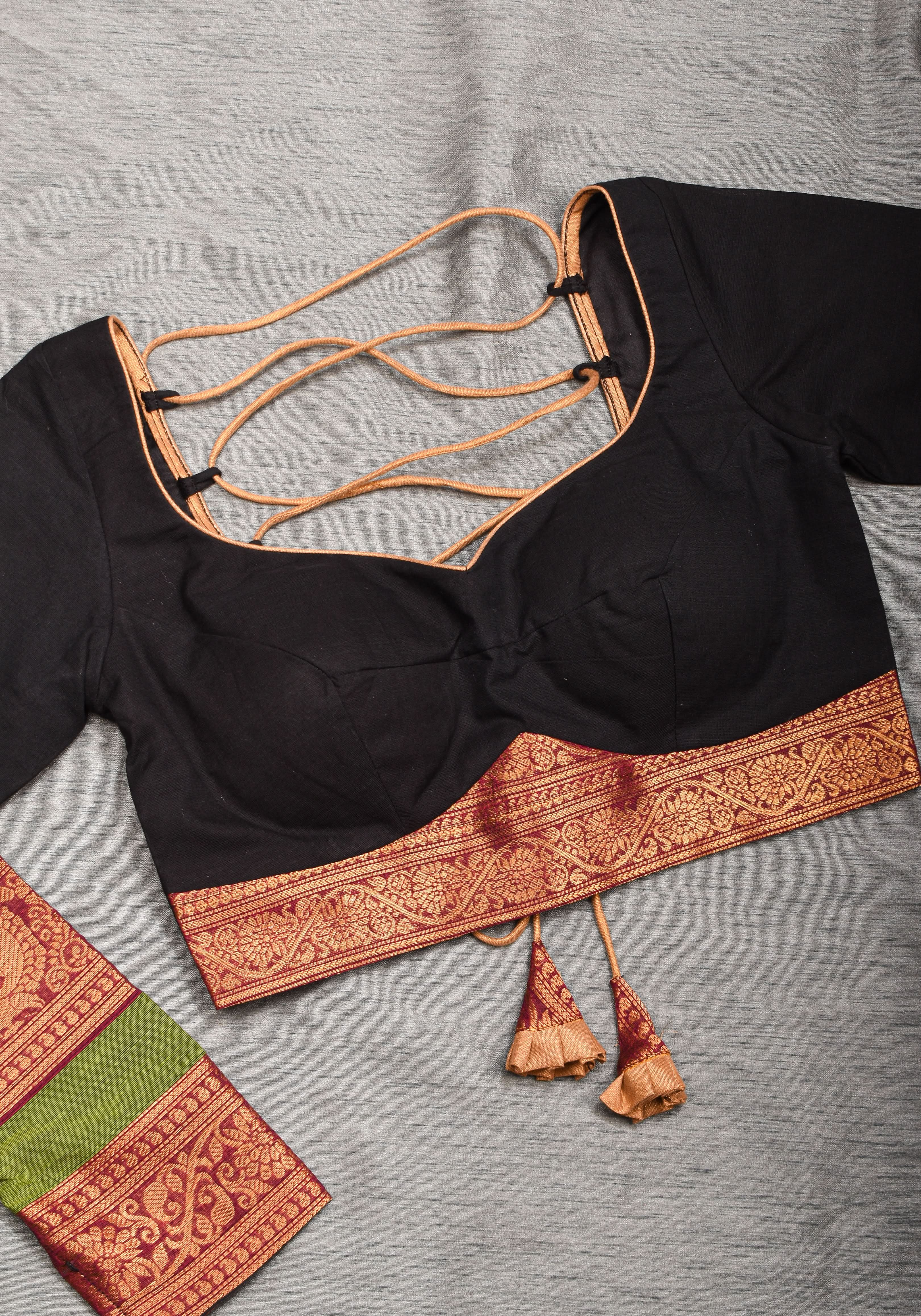 Charming Black Kanchi Cotton Blouse with 3/4th Sleeves, Zari detailing and Criss cross   , Made to Order | Shobitam