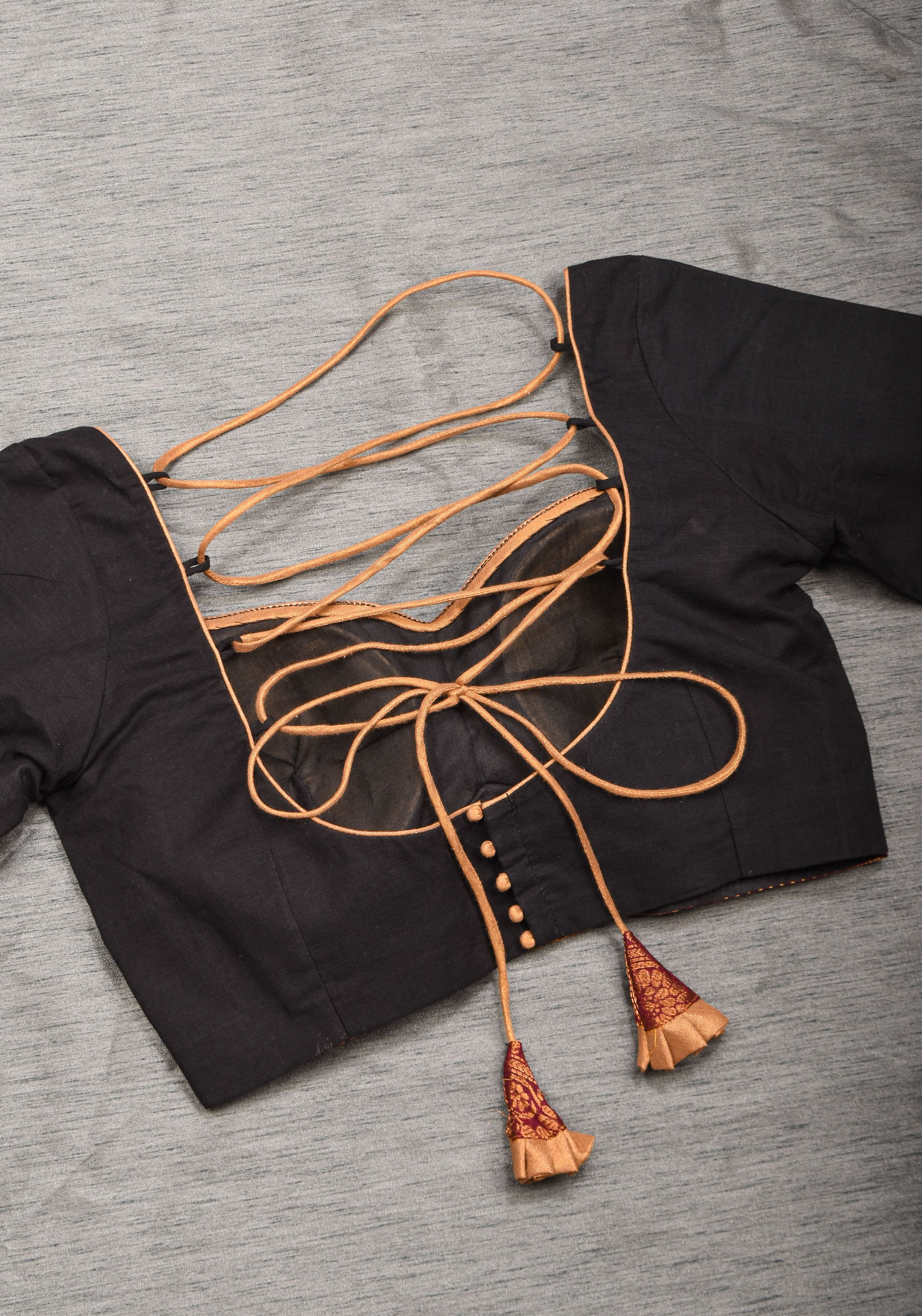 Charming Black Kanchi Cotton Blouse with 3/4th Sleeves, Zari detailing and Criss cross   , Made to Order | Shobitam