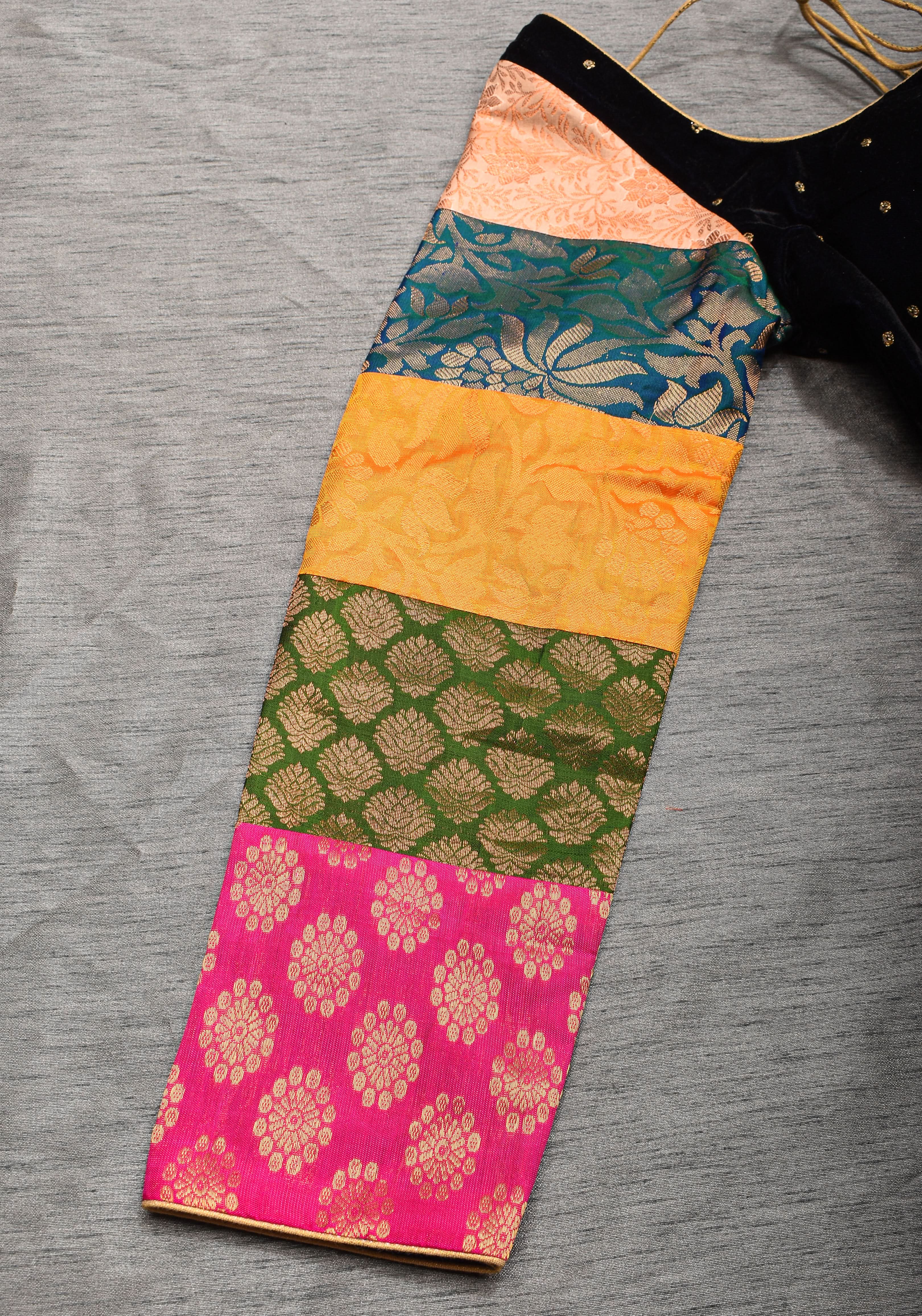 Statement Patchwork Pure Kanjivaram Silk Brocade and Midnight Blue Velvet Blouse  , Made to Order | Shobitam